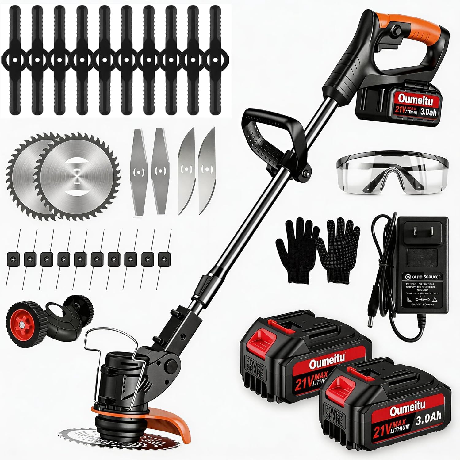 21V Cordless Strimmer, 2 in 1 Grass Trimmer/Edge Cutter, Electric Garden Strimmer with 2 x 3.0Ah Battery & Charger, 15cm Cutting Diameter Grass Strimmer, Trimmer Cordless for Weeds Flower Trees