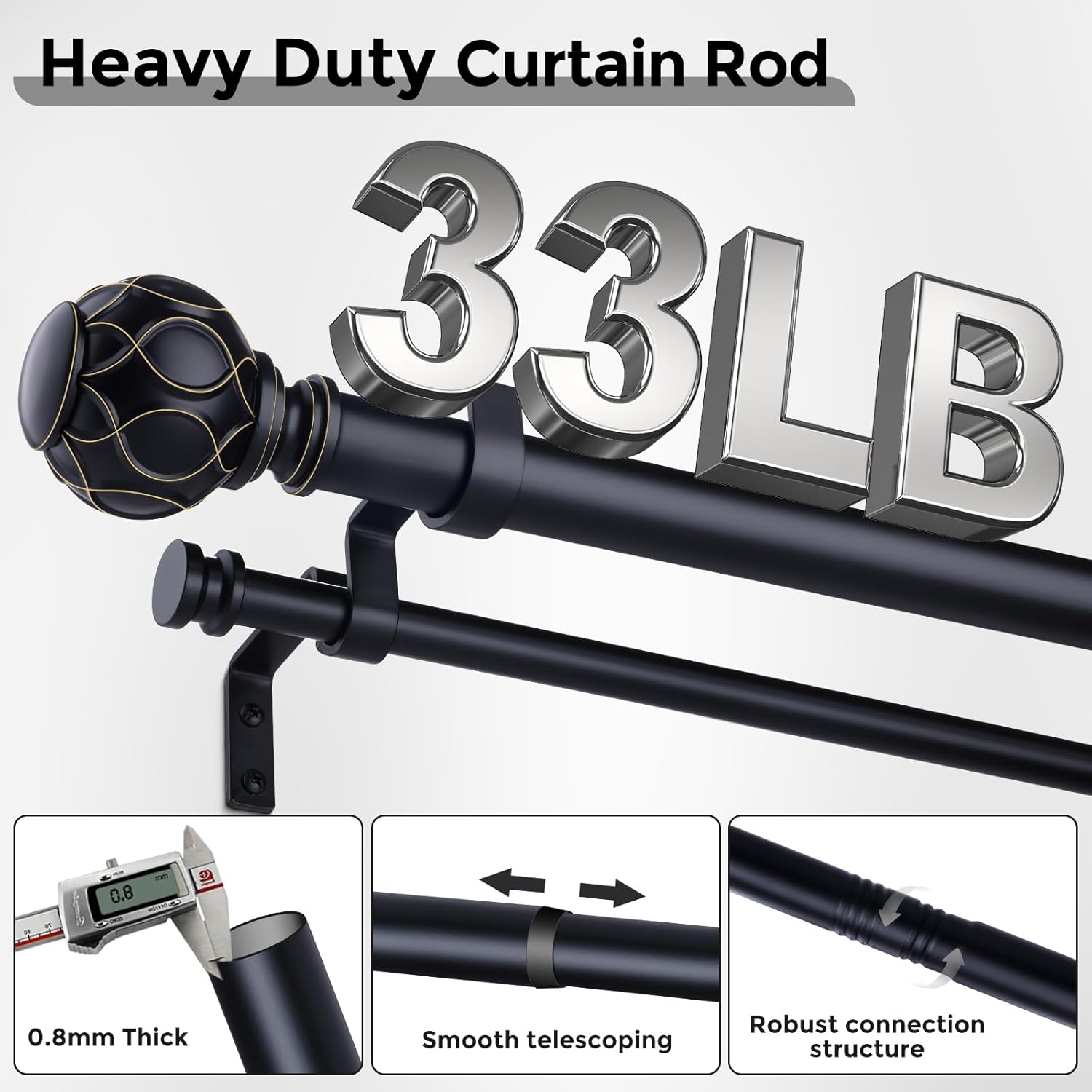Black Double Curtain Rod, 36 to 72 Inch Dual Curtain Rods with Boho Netted Texture Finials, Decorative 1 Inch Adjustable Window Treatment Rods, Antique Vintage Farmhouse Double Drapery Pole