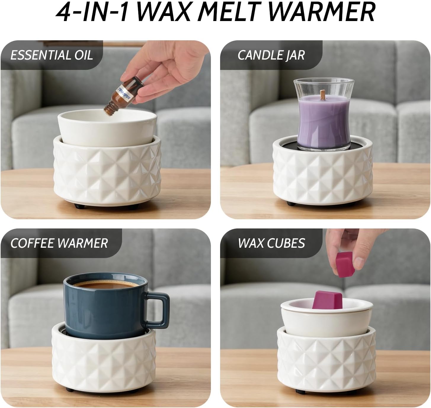 Ceramic Candle Warmer for Large Jars, Wax Melt Warmer with 1 PC Silicone Liner,4-in-1 Electric Warmer for Jar Candle Wax Cube Essential Oil Coffee Tea Mug, Ideal Gift for Home Office