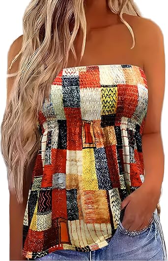 Tube Tops for Women Smocked Strapless Top Sexy Summer Camis | Sleeveless Bandeau Tank, Flowy Pleated Hem, Stretchy Casual Off The Shoulder Tunic Shirts for Daily, Night Out, Beach