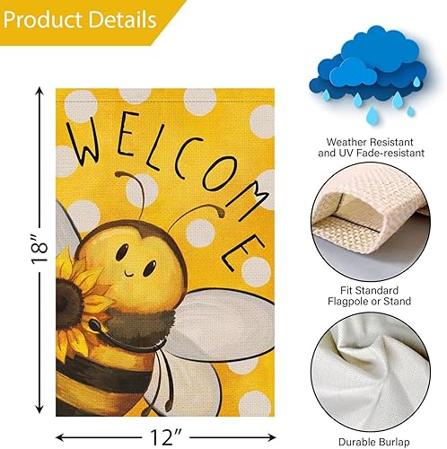 Miniatura 4 de Louise Maelys Bandera de bienvenida de verano de 12 x 18 pulgadas, doble cara, de arpillera, abejas pequeñas, para jardín, patio, casa, exteriores,