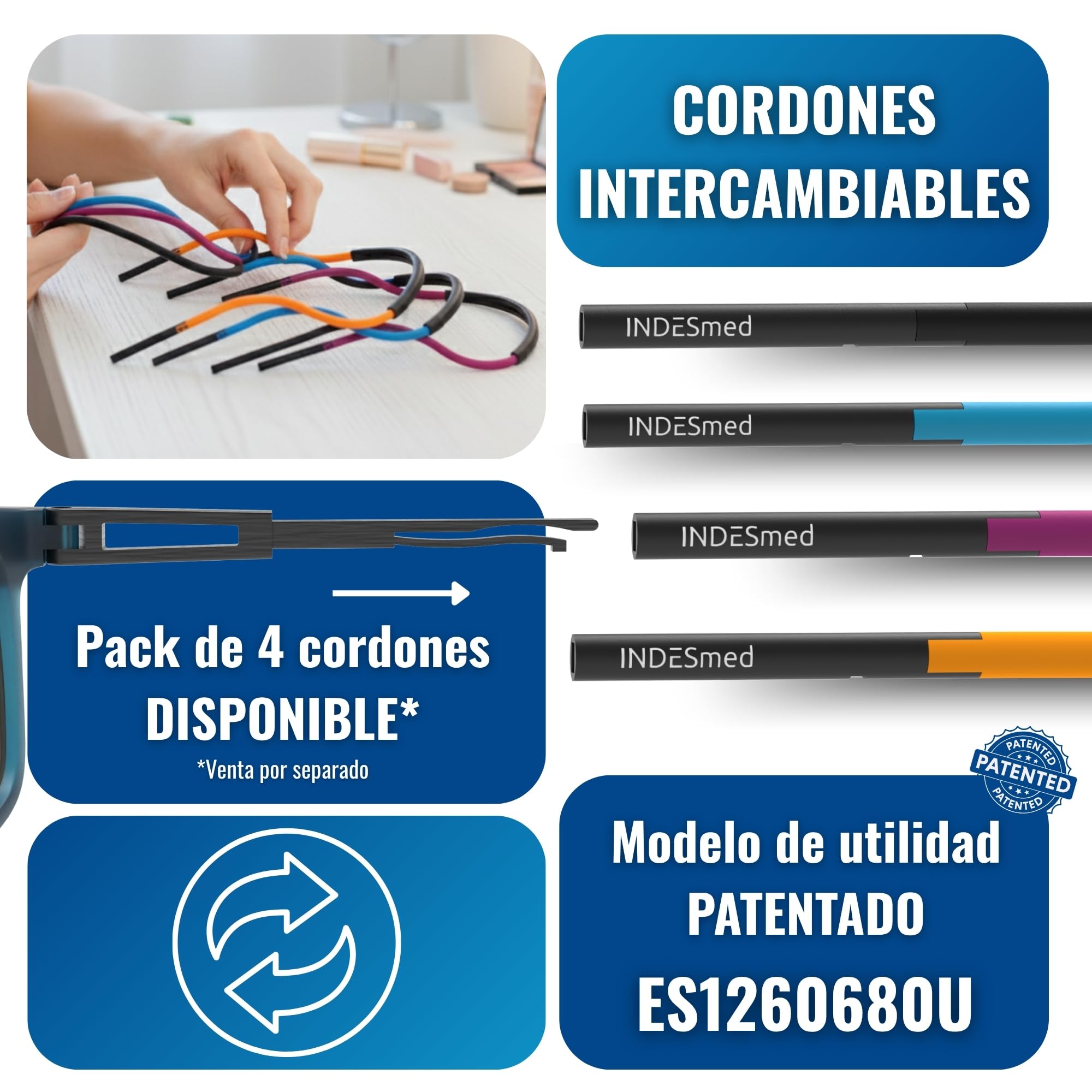 INDESMED Gafas de Lectura Magnéticas con Filtro de Luz Azul Ajustables | Ajuste Preciso Patentado 7 Posición, Ligeras, Diseño Moderno, Hombre y Mujer, Cordón Intercambiable y Flexible | INDESmed