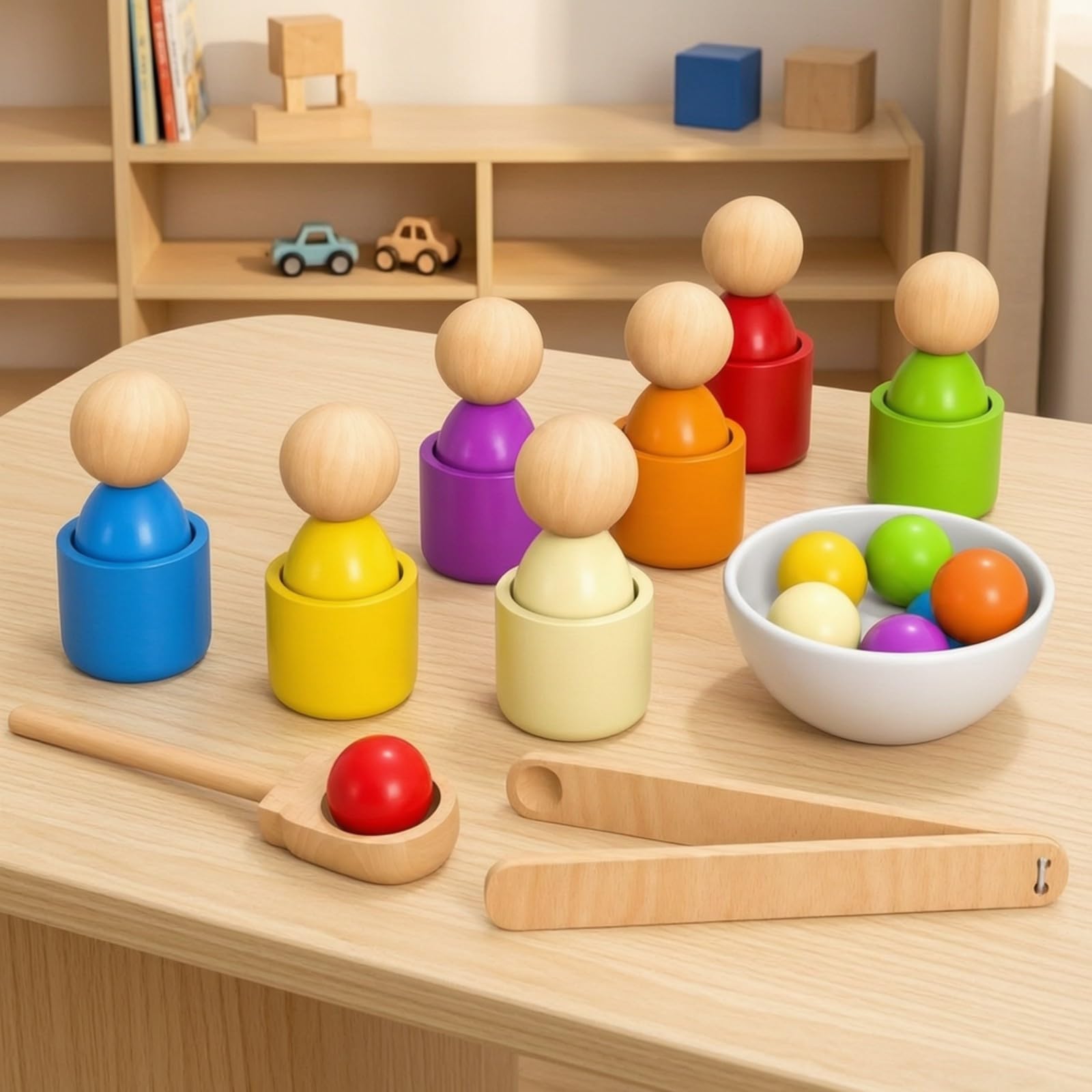 Qianly 7 Pezzi Giocattolo Child-Centered con Tazze e Palline Colorate Adatto Ai Bambini Gioco Educativo con Vassoio, Cucchiaio e Pinze