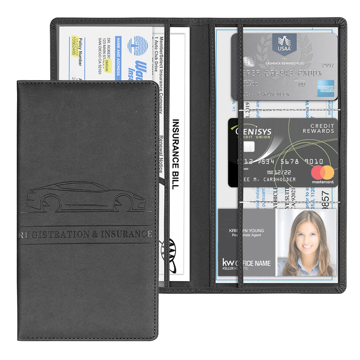 JNNJ Funda protectora para guantera y soporte de documentos, autorización de coche, piel sintética, organizador para documentos importantes (negro)