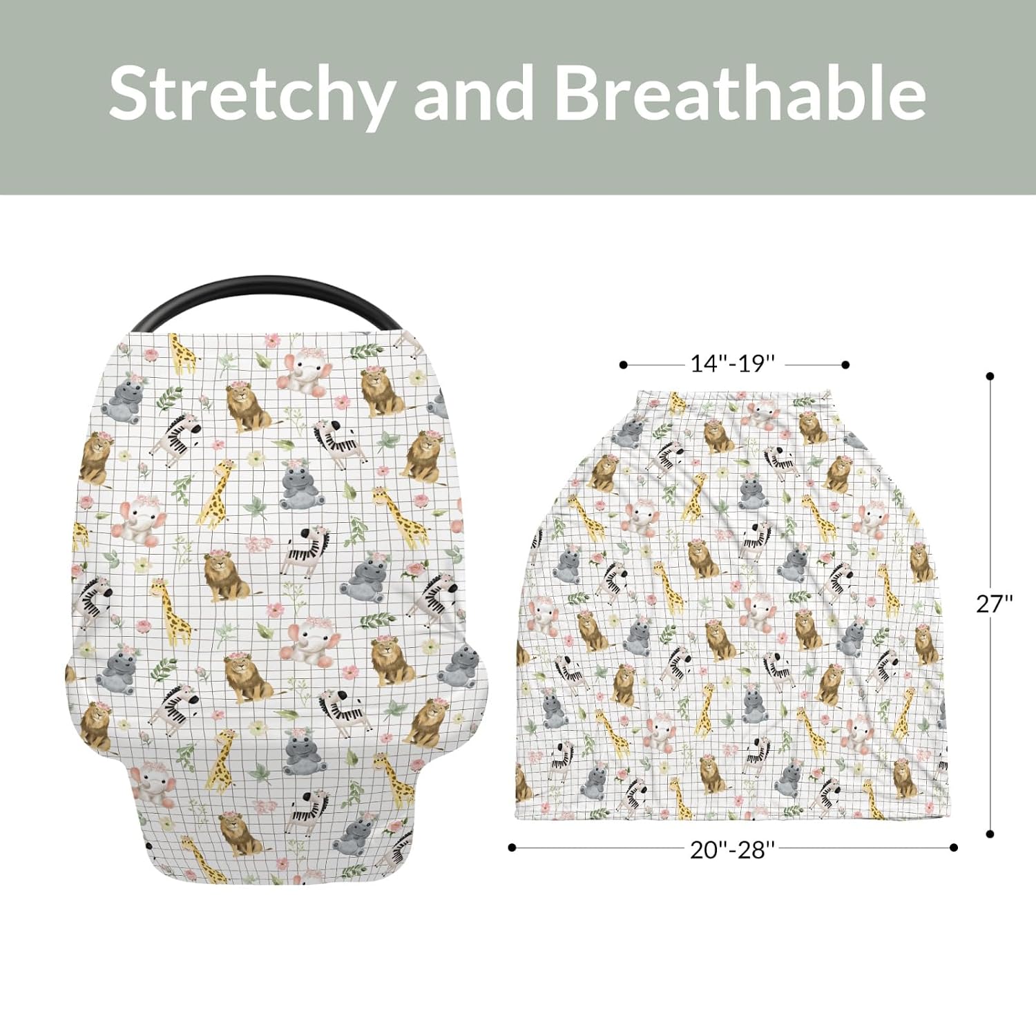 African Safari Animals Car Seat Cover for Babies Elephant Lion Giraffe Hippo Tropical Flower Leaves Stretchy 5-in-1 Cover Adjustable Infant Carseat Cover Canopy Zoo Jungle Breathable Nursing Cover-Up