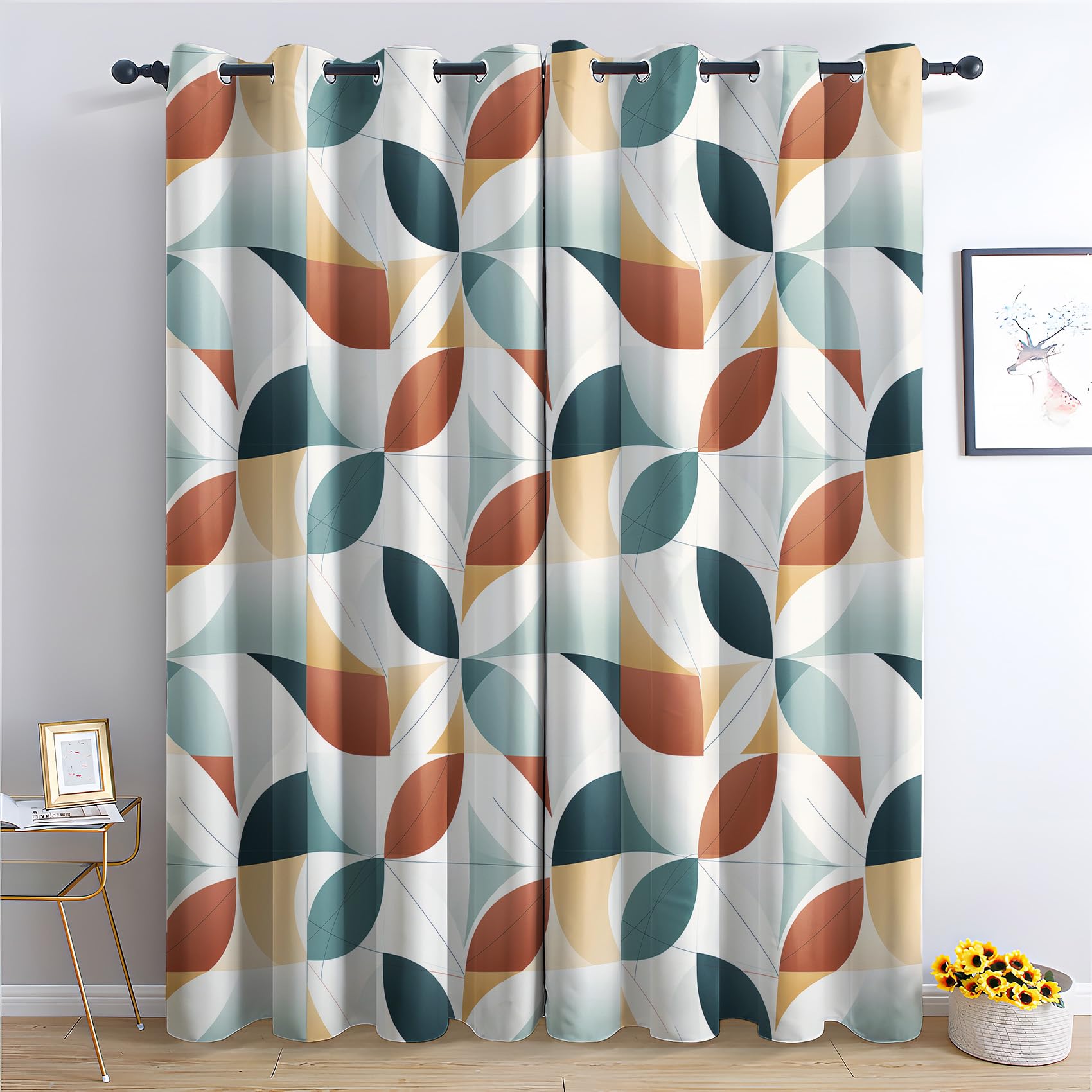Rideau Occultant Patchwork Géométrique, Rideaux Thermiques à Oeillets pour Chambre, Motif Moderne Rideaux Salon, Moderne Lot de 2 Décoration de Fenêtre, Rideaux 140x240cm LxH(Km-&350)