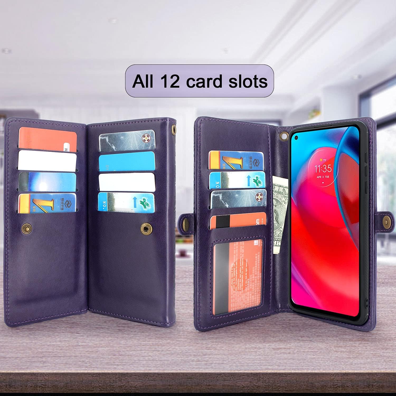 Harryshell Detachable Magnetic 12 Card Slots Holder Wallet Case PU Leather Flip Protective Cover with Wrist Strap Kickstand for Motorola Moto G Stylus 5G (2021) Floral Flower (Deep Purple)