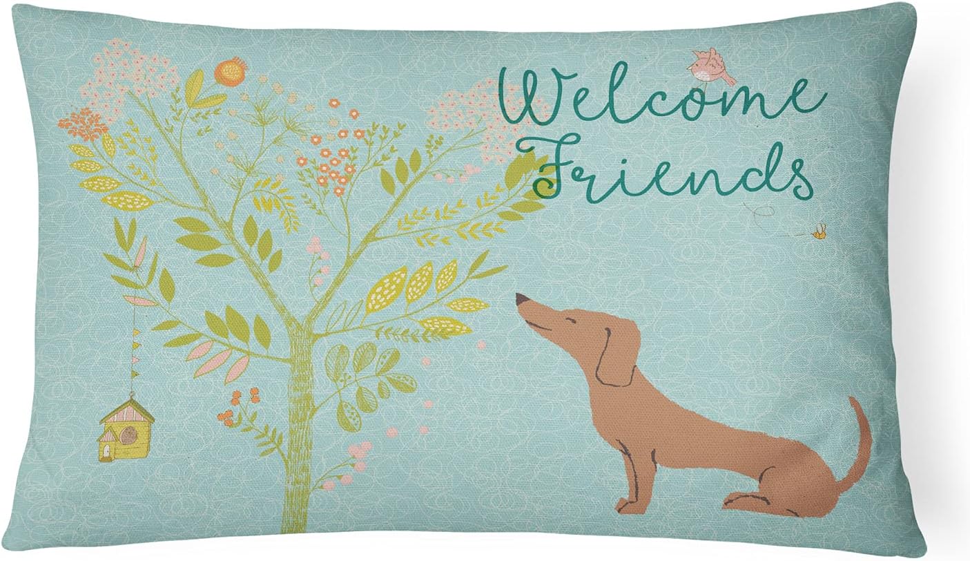 Caroline's Treasures BB7631PW1216 Welcome Friends Red Dachshund Canvas Fabric Decorative Pillow Machine Washable, Indoor Outdoor Decorative Pillow for Couch, Bed or Patio, 12HX16W
