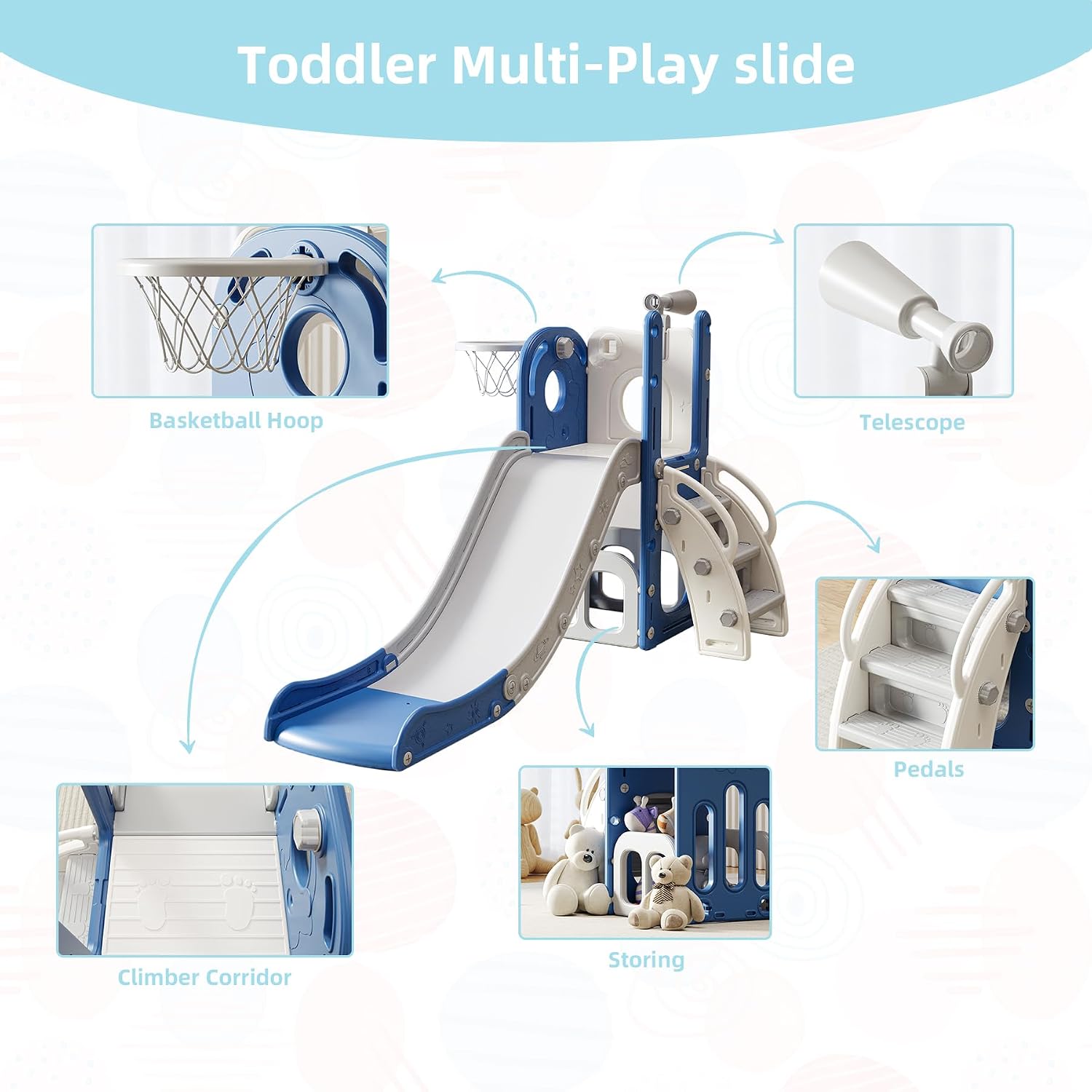 6 in 1 Toddler Slide, Indoor Outdoor Playground for Kids 1-3, Baby Slide with Basketball Hoop, Storage, Climber and Telescope, White Blue