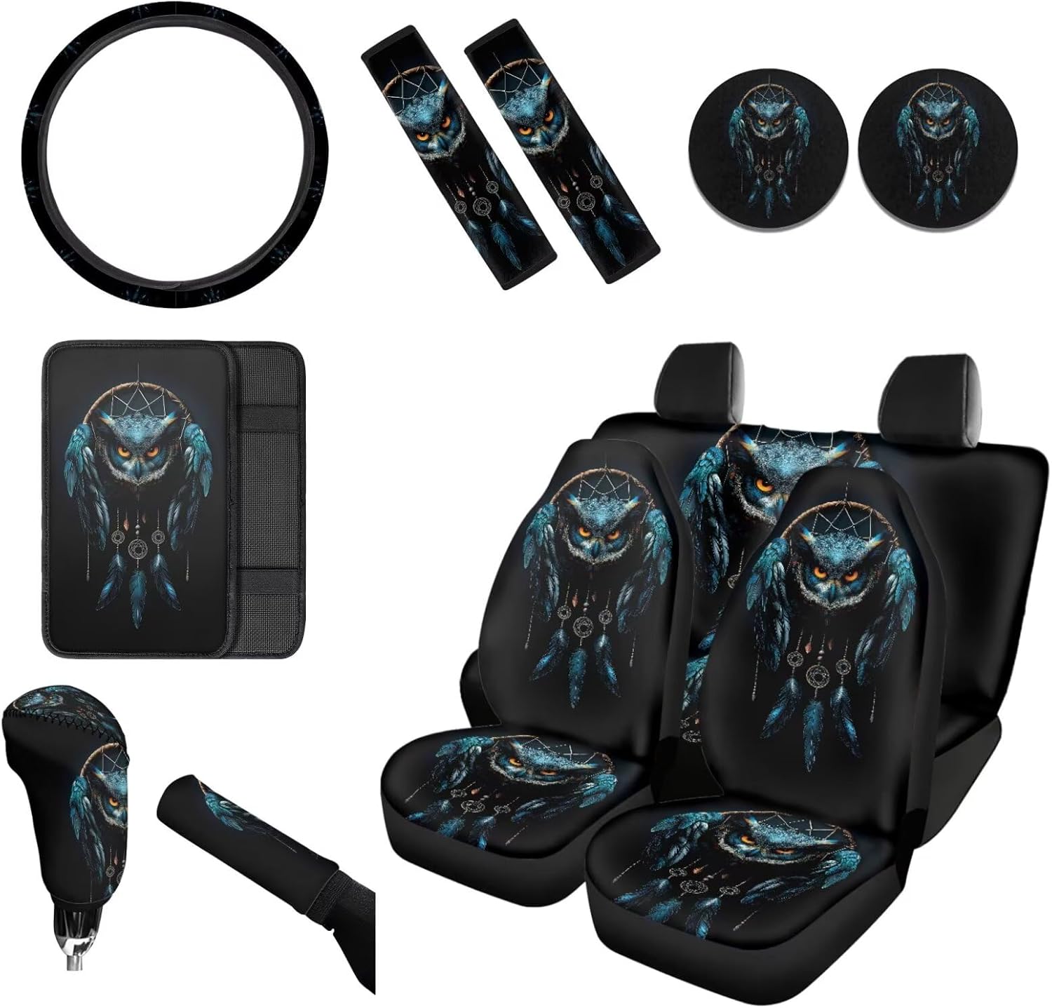 Pig Daisy Print 12 Pcs Car Seat Covers Full Sets Waterproof Steering Wheel Cover Auto Center Console Cover Seat Belt Pad Cup Holders Handbrake Gear Shift Cover