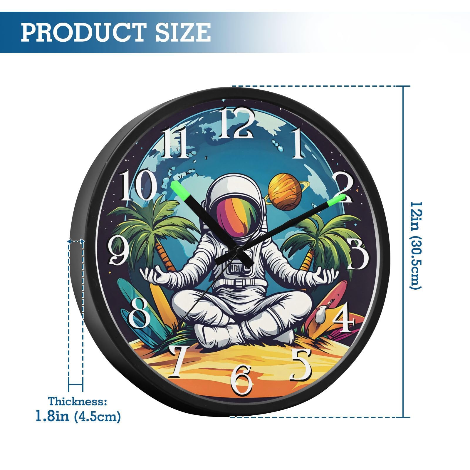 Mnsruu Earth Beach - Reloj de pared luminoso con diseño de astronauta y palmera, funciona con pilas, silencioso, brilla en la oscuridad, para sala de estar, cocina, 12 pulgadas