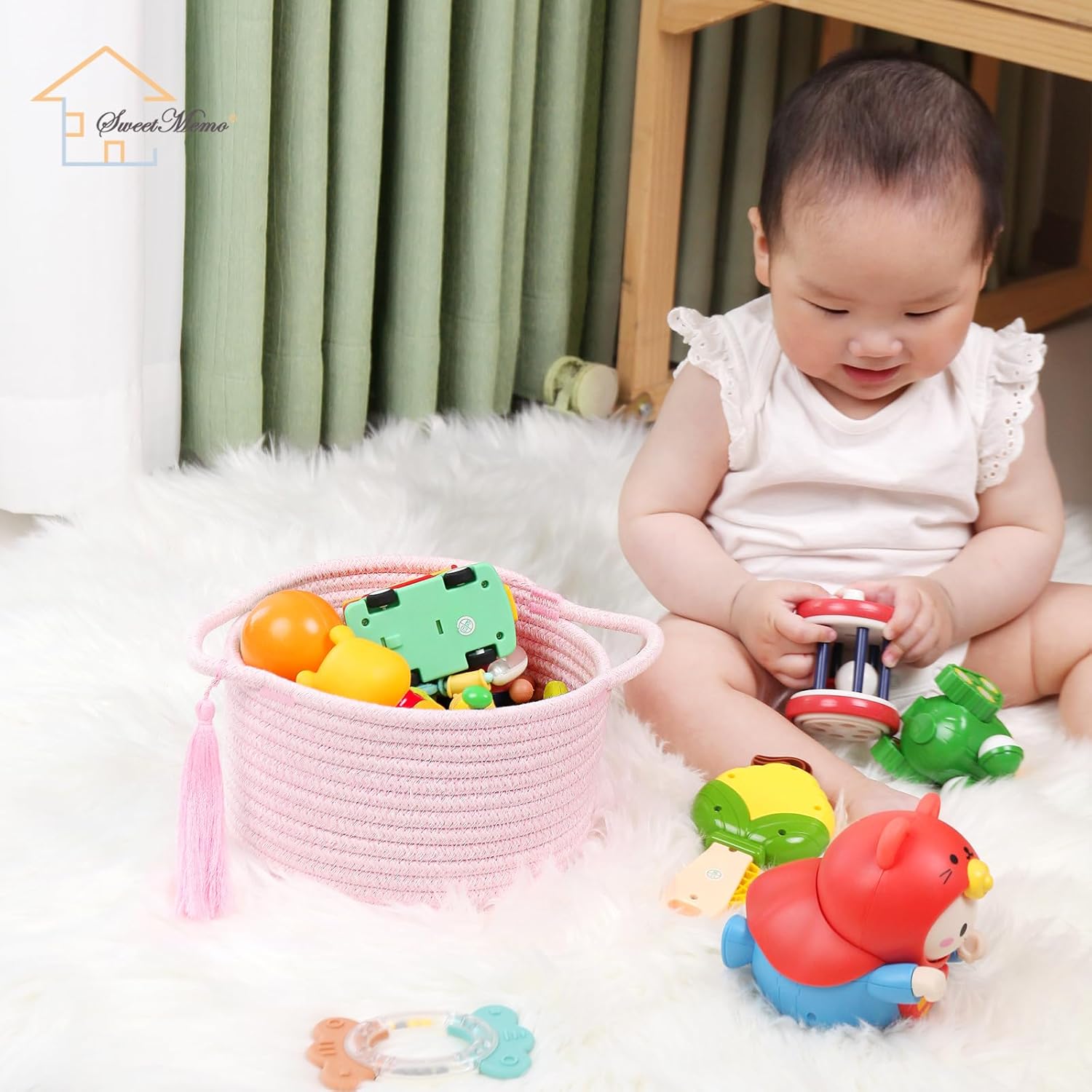 Small Cute Pink Gift Basket Empty to Fill — Mini Wicker Woven Cotton Rope Organizer 8"×4.7", Pastel Decorative Makeup Holder for Girls & Women, Bathroom, valentines/Desk Bin, Shower Gift by SweetMemo - Image 8