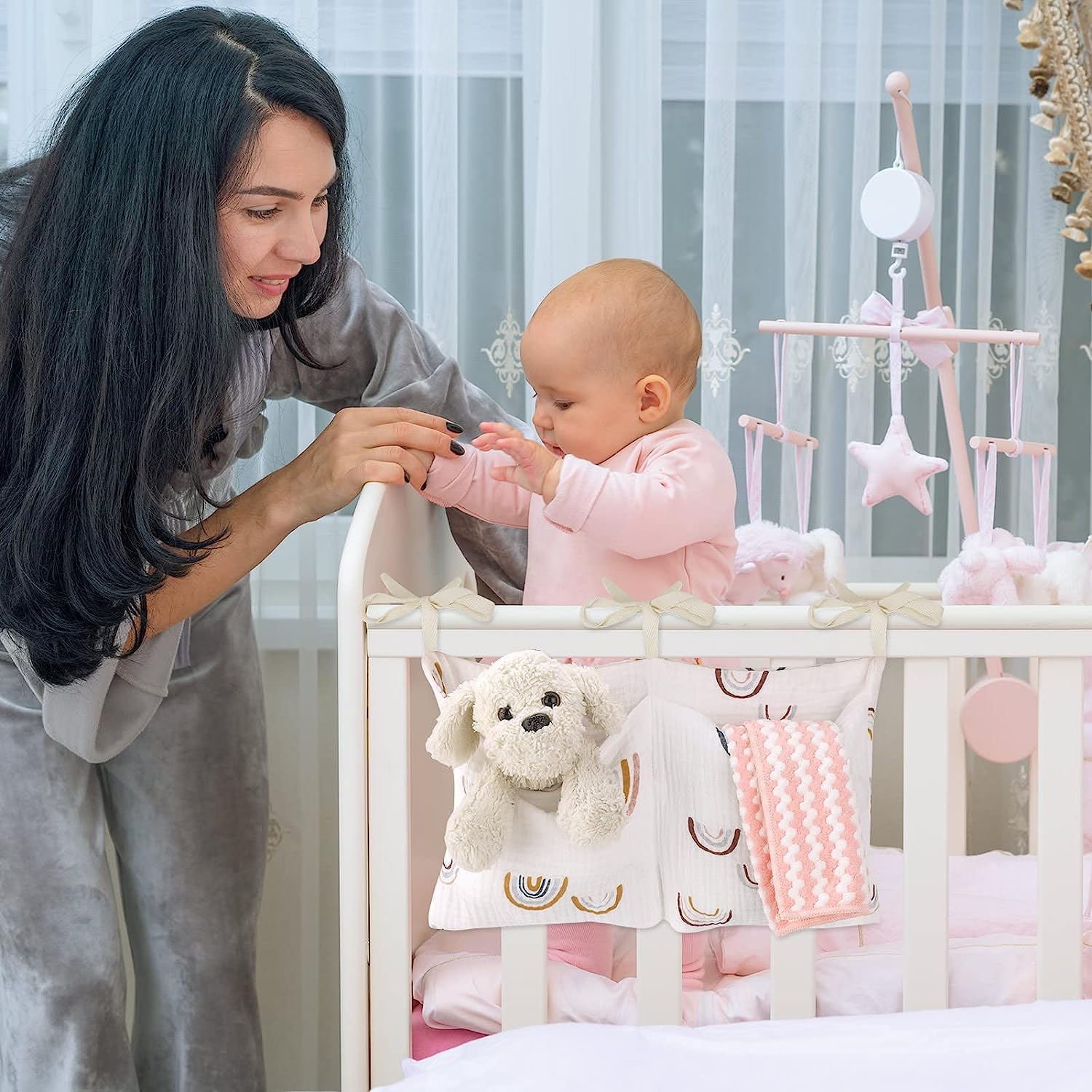 Sac De Rangement Suspendu Pour Lit Bébé – 2 Poches, Lavable, Organisateur Couches Et Jouets – Beige Arc-en-ciel