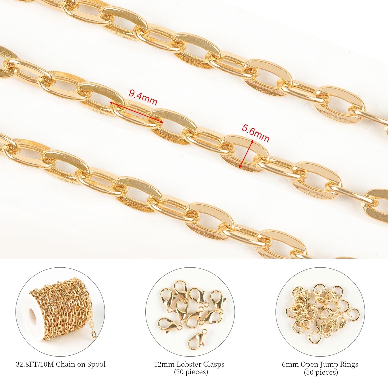 32.8 FT/10M Gold Jewelry Chains for Making Jewelry Craft Finding Supplies Flat Paperclip Chain Roll Soldered Iron Chains for Necklace Bracelet Making with Clasps - Image 2