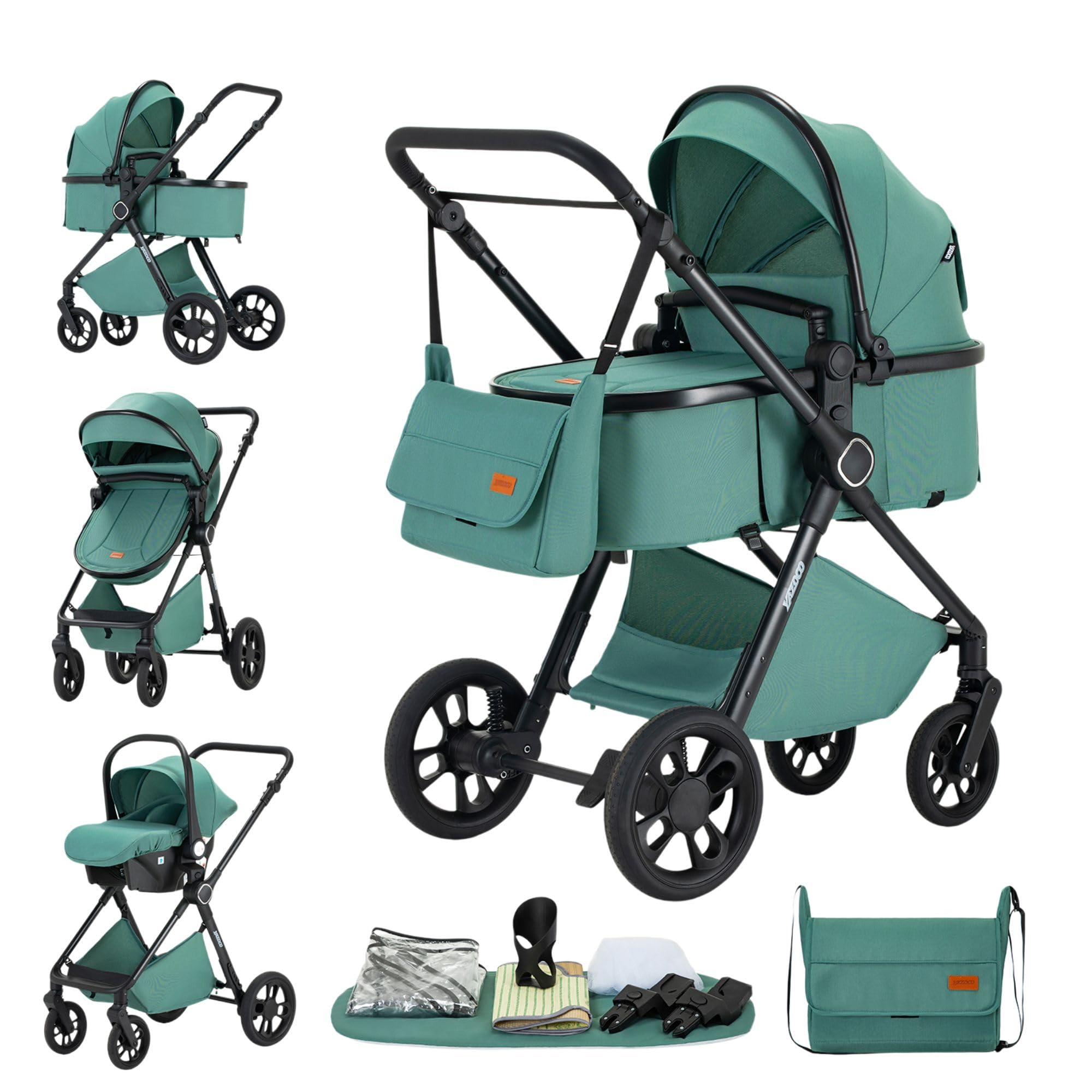 GLOKID passeggino trio 3 in 1, multifunzionale carrozzina pieghevole, navicella+passeggino 2 in 1, ruote antiforatura ammortizzate, completo di accessori(Verde)