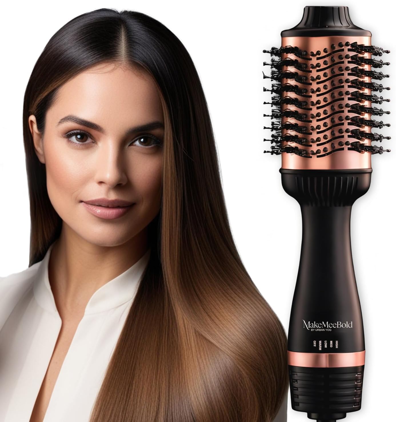 MakeMeeBold Hot Air Brush | 2 in 1 hair Dryer & Straightener with 3 Temp & 2 Speed Settings, 360° Airflow, PTC Heating, Ceramic Plates, Auto Shut-Off, Tangle-Free Bristles, 1200 Watt Hours