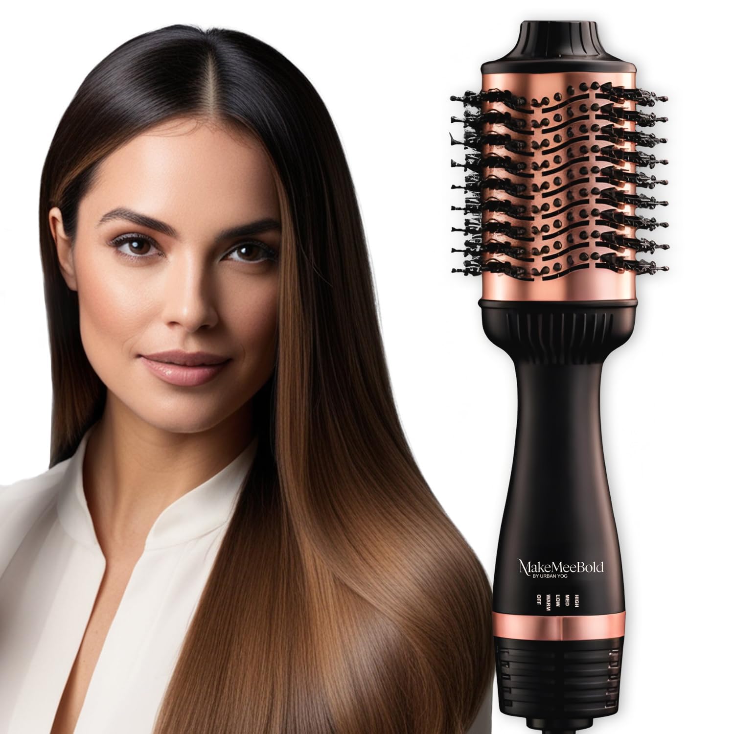 MakeMeeBold Hot Air Brush | 2 in 1 hair Dryer & Straightener with 3 Temp & 2 Speed Settings, 360° Airflow, PTC Heating, Ceramic Plates, Auto Shut-Off, Tangle-Free Bristles, 1200 Watt Hours