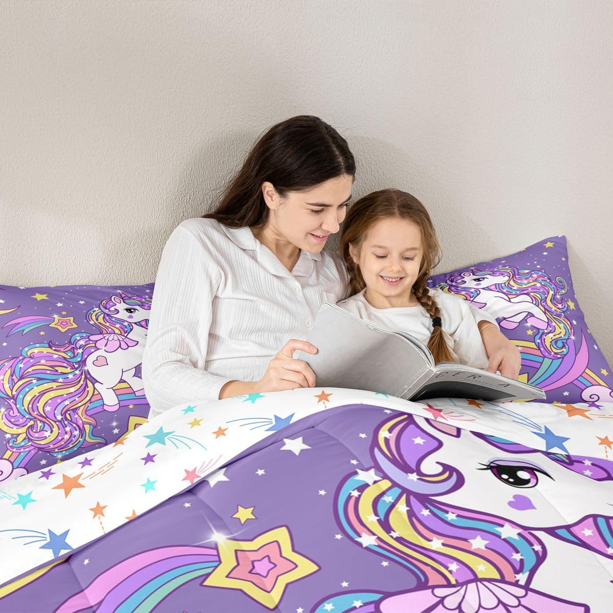 Feelyou Unicorn Comforter Set,Girls Cute Unicorn Bedding Set with Rainbow Quilted Duvet for Kids Microfiber Twin