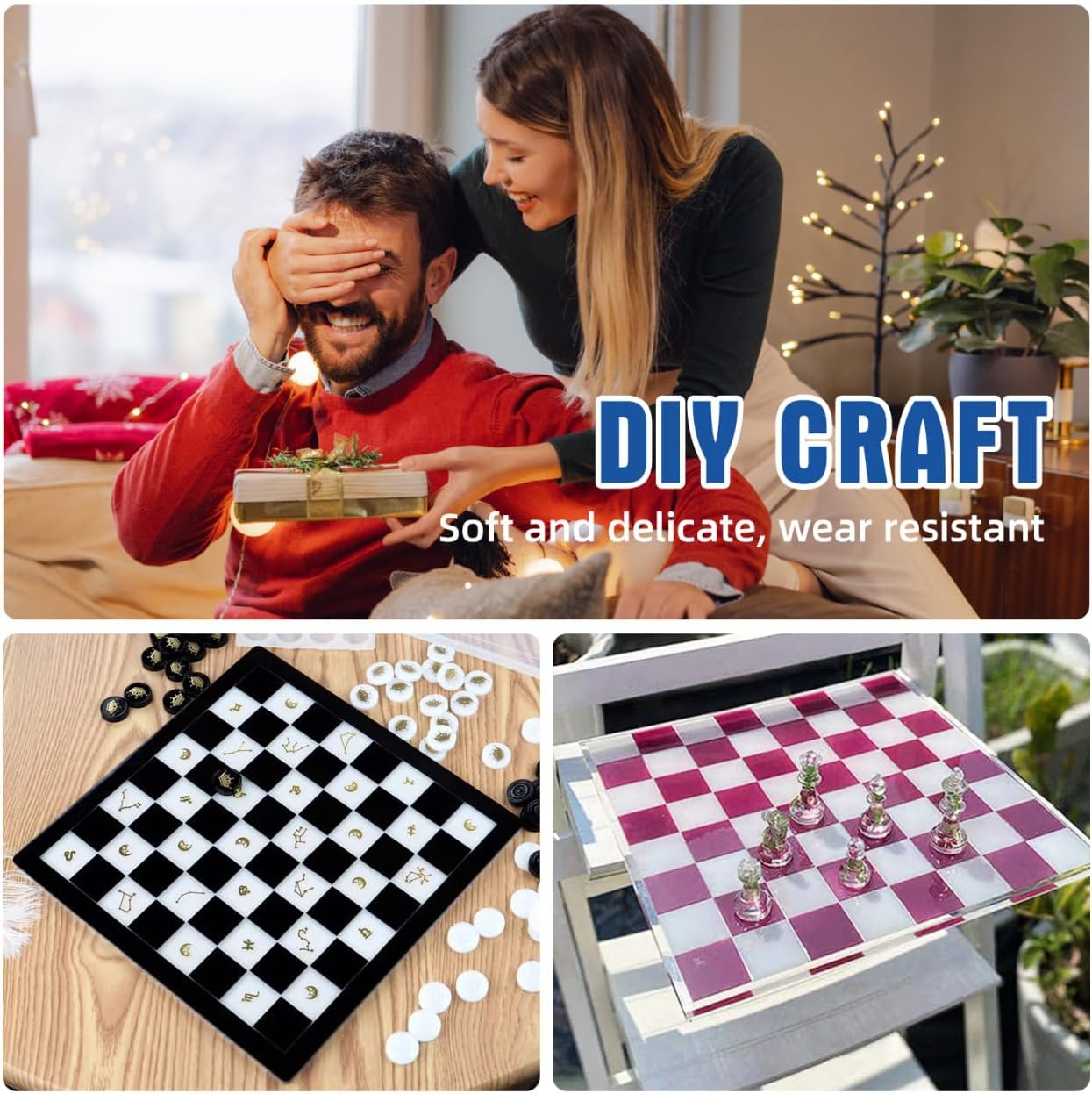 3D Chess Board Resin Mold, Large Silicone Epoxy Casting Molds for DIY Game Tray Making, Square Craft Arts Kit for Adults and Beginners