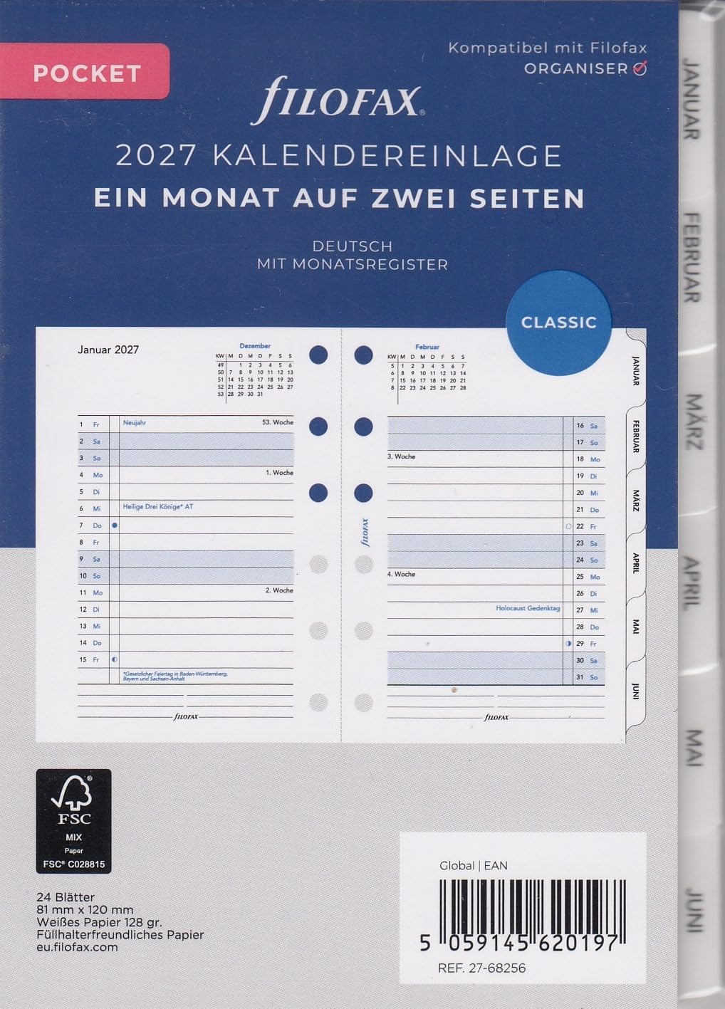 Filofax Calendar Insert Pocket 1 Month on 2 Pages Tabbed German 2027