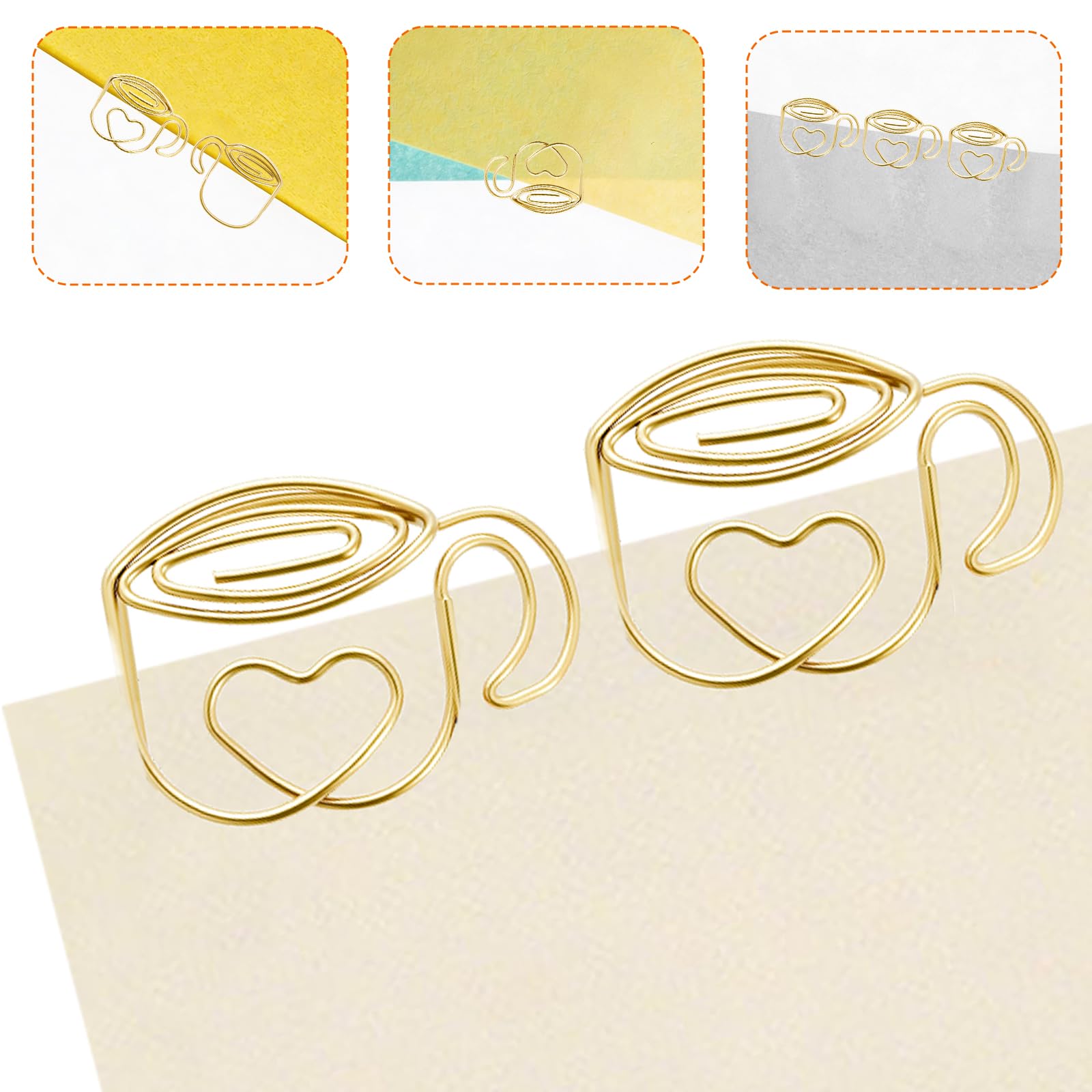 Graffette dorate a forma di cuore per carta a forma di cuore, per diari, accessori di cancelleria, forniture per ufficio, messaggi all'ora del tè (100 pezzi)