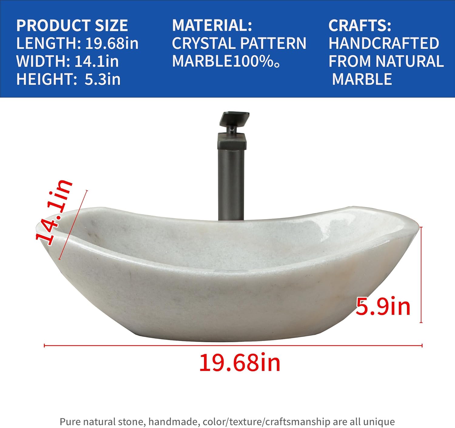 Natural white marble boat-shaped sink with irregular natural brown/black veining, 100% handcrafted. Bathroom vanity sink—elegant and refined, suitable for bathroom vanities or countertops.