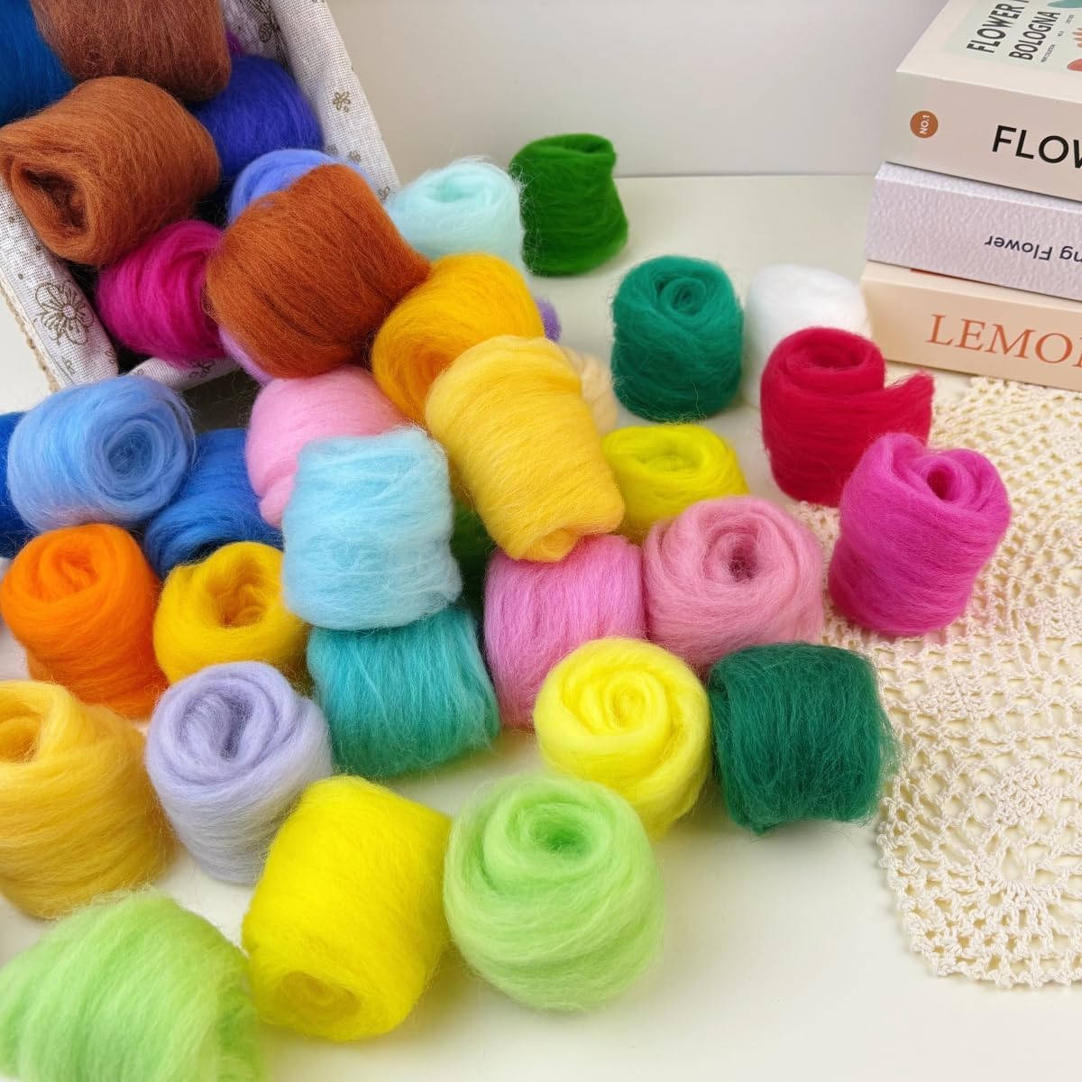 IcosaMro Needle Felting Kit 48 Color Wool Roving with Felting Needles 100 Pcs Wool Felt Supplies Tools Felt Working Pad