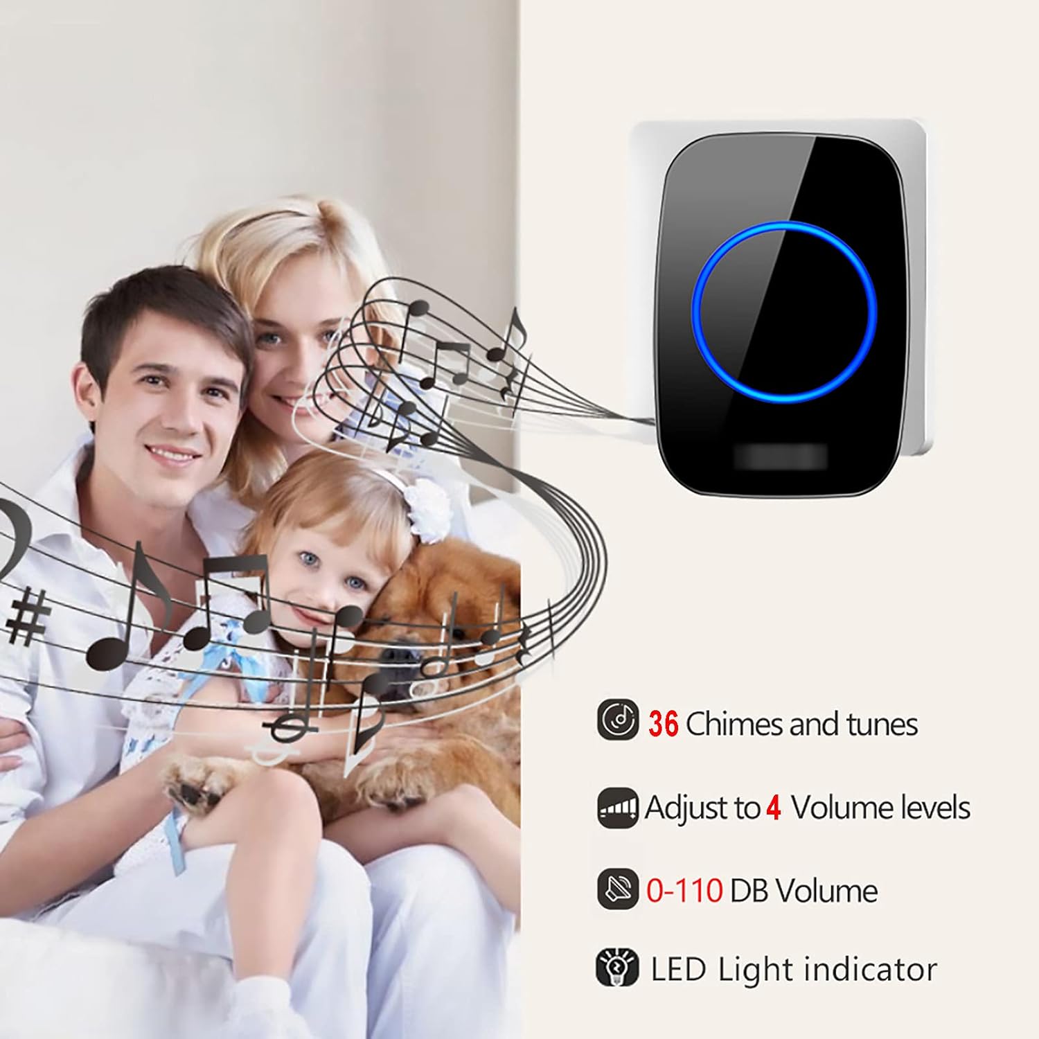 No Battery Required Wireless Doorbell, IP44 Waterproof Cordless Chime Kit Electric Doorbell 2 Push-Button & 5 Receiver 650Ft Long Range for Home, School, Office,Black (White (White)