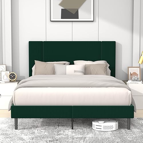 Flolinda Base de cama tamaño Queen, marco de cama Queen tapizado con cabecera de terciopelo copetudo, base de colchón, marco de cama doble con