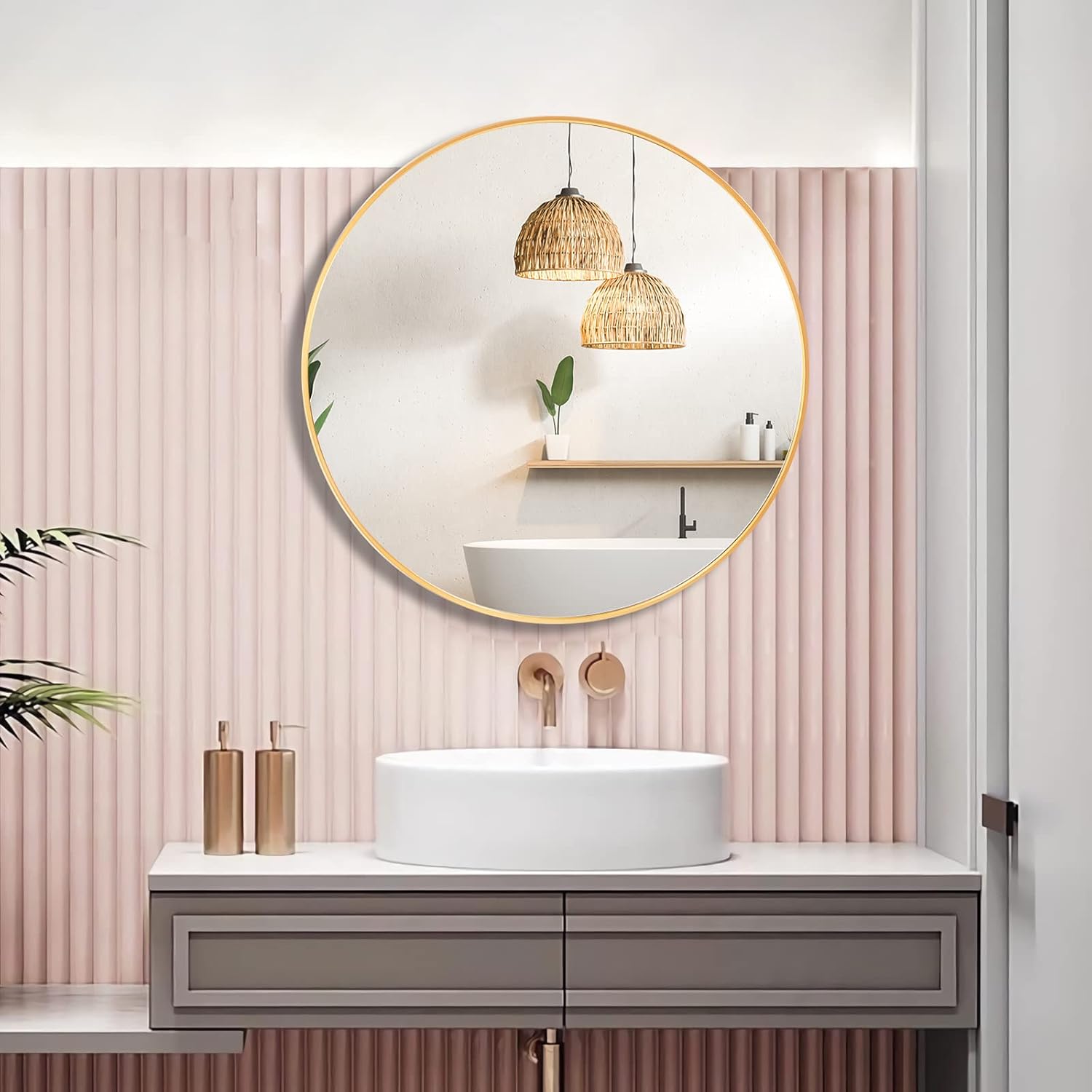 CONGUILIAO Circle Mirror Gold 28 Inch Round Wall Mounted Mirror, Large Bathroom Mirror, Wall Mounted Over Sink Vanity Mirror for Living Room Washrooms Entryways Decor