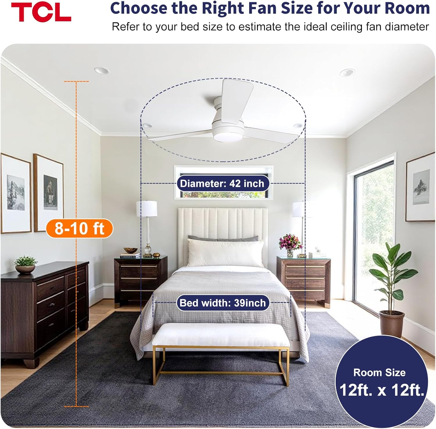 TCL Ceiling Fans with Lights, 42 inch 3 blades Low Profile and Remote Control, Reversible, Flush Mount, 3CCT, Dimmable, Noiseless, Black Ceiling Fan for Bedroom, Indoor/Outdoor Use (White, 42 Inch)