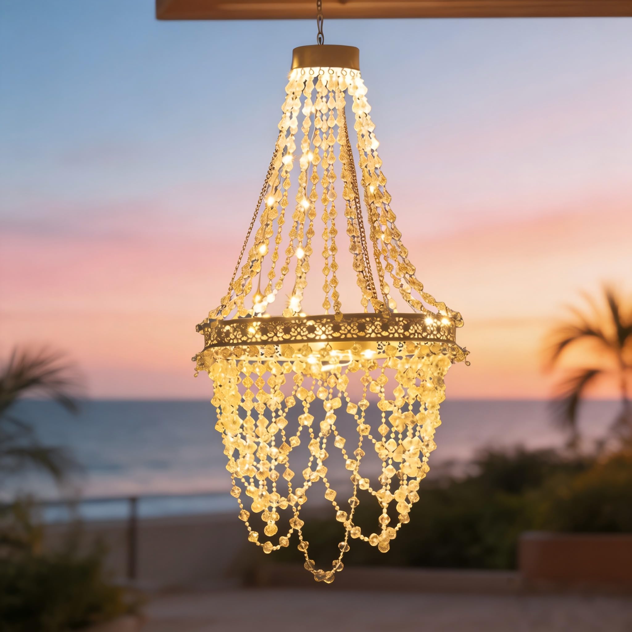 Solar Hängeleuchte Kristall Kronleuchter LED Solarlampe für Außen, Wasserdichte Gartendeko