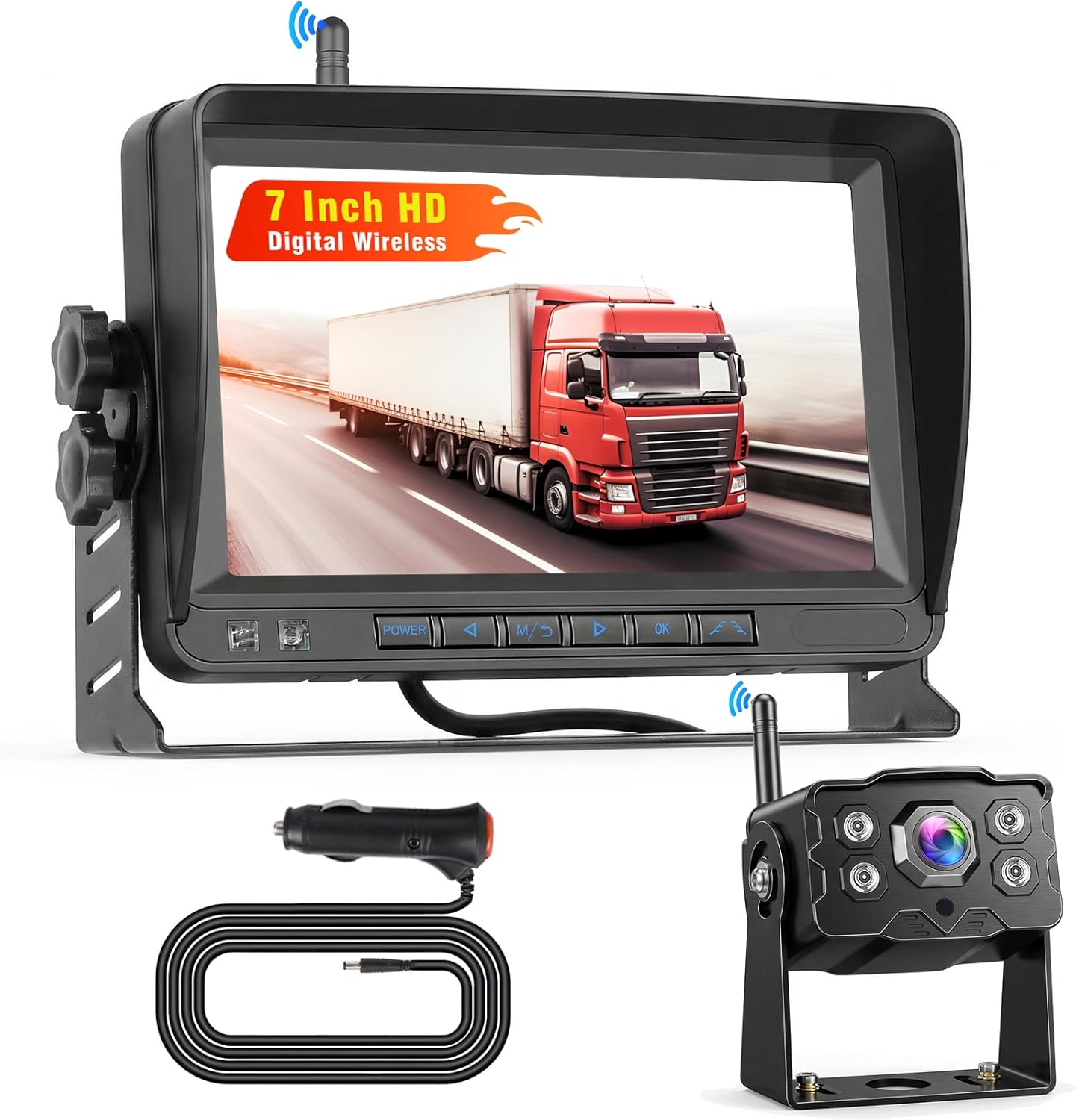 Telecamera Retromarcia Wireless, Kit Monitor 7 Pollici, 1080P Telecamera IP68 Impermeabile Visione Notturna, Linee Guida DIY per Camion, Autobus, Furgoni, Camper, Rimorchi, Pickup, Auto e Campeggio