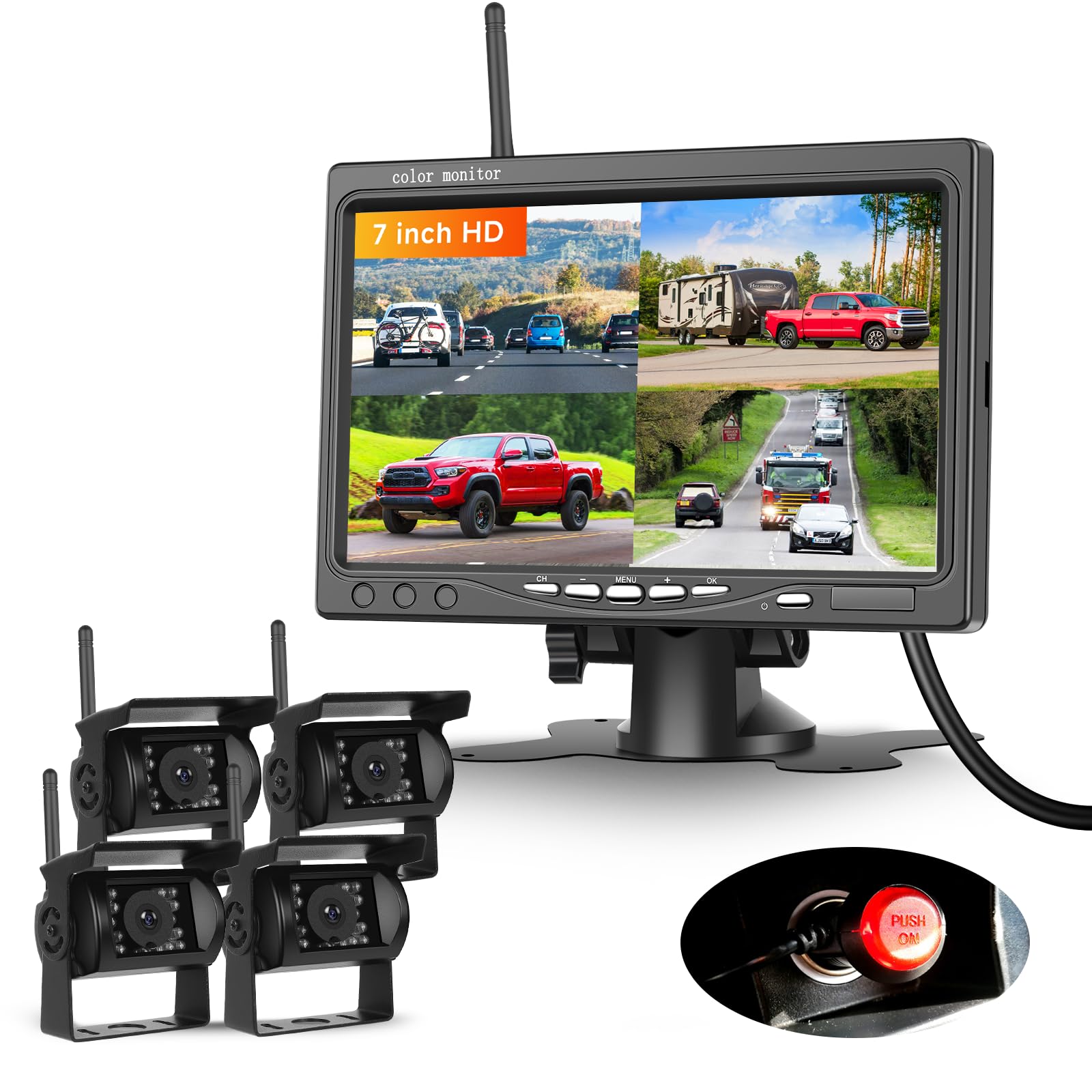 VECHTEL 4*Rückfahrkamera kabellos mit 7 Zoll IPS Monitor,BSD System,4-Fach-Bildschirm,Einparkhilfe,1080p AHD Rückfahrkamera Auto Nachtsich/IP68 Wasserdicht für SUV LKW Wohnmobil,DC 12–36 V