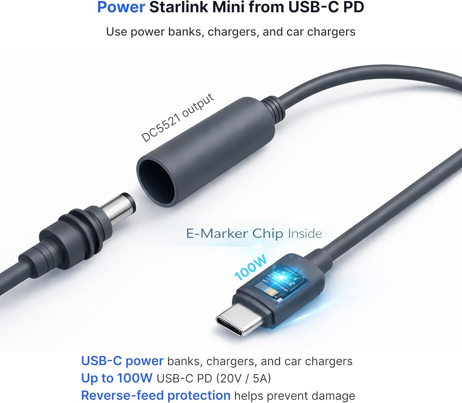 Starlink Mini 3-in-1 Kit with USB-C PD Adapter and Two DC5521 Adapters image 3