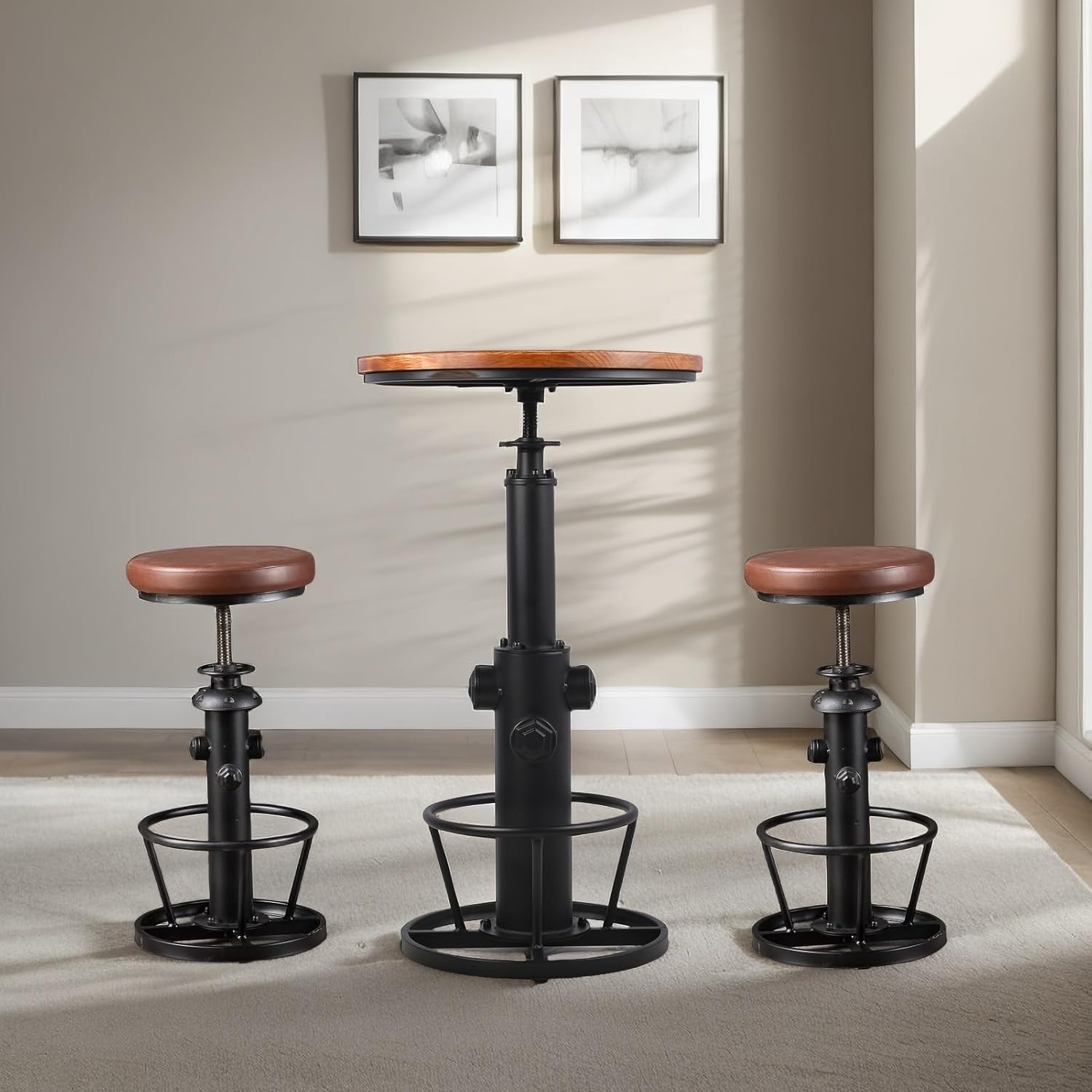 Farmhouse Bar Set Includes Farmhouse Bar Table(38.6-44.4inch) and Set of 2 Industrial Bar Stools Swivel PU Seat (24-30inch) Fire Hydrant Design Height Adjustable