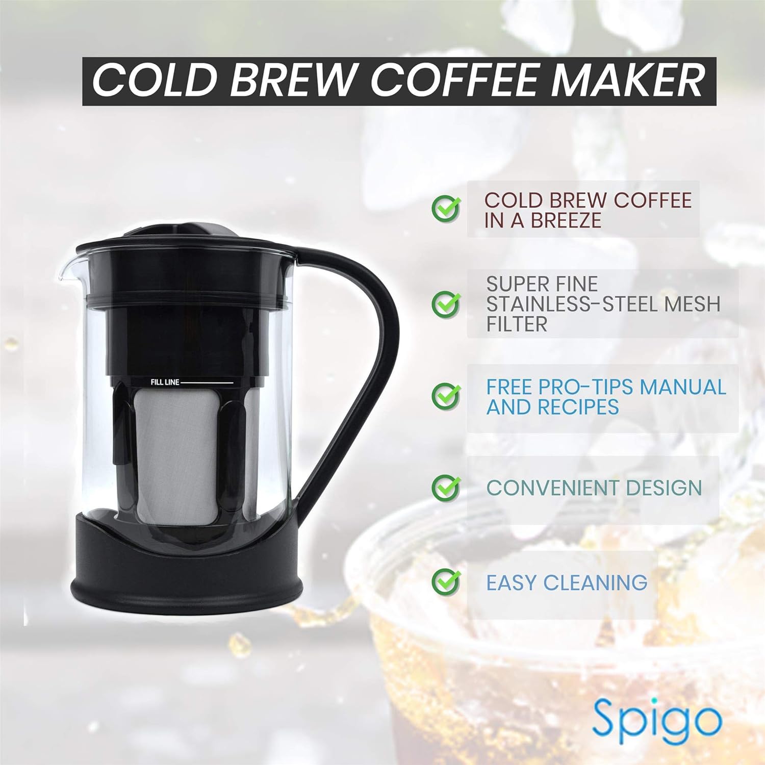 COLD BREW COFFEE MAKER 1 Liter (4-Cups) Capacity, Great For Flavorful Iced Coffee That Stays Fresh Longer, Borosilicate Glass, Easy Cleaning, Fun Ideas and Recipe Booklet, 8x5 Inches, Black
