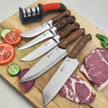 SURLAZ 6 Parça Şef Bıçağı Mutfak Bıçak Seti, Ahşap Saplı, Paslanmaz Çelik, Bileme Aparatı Dahil, Çeyizlik Set