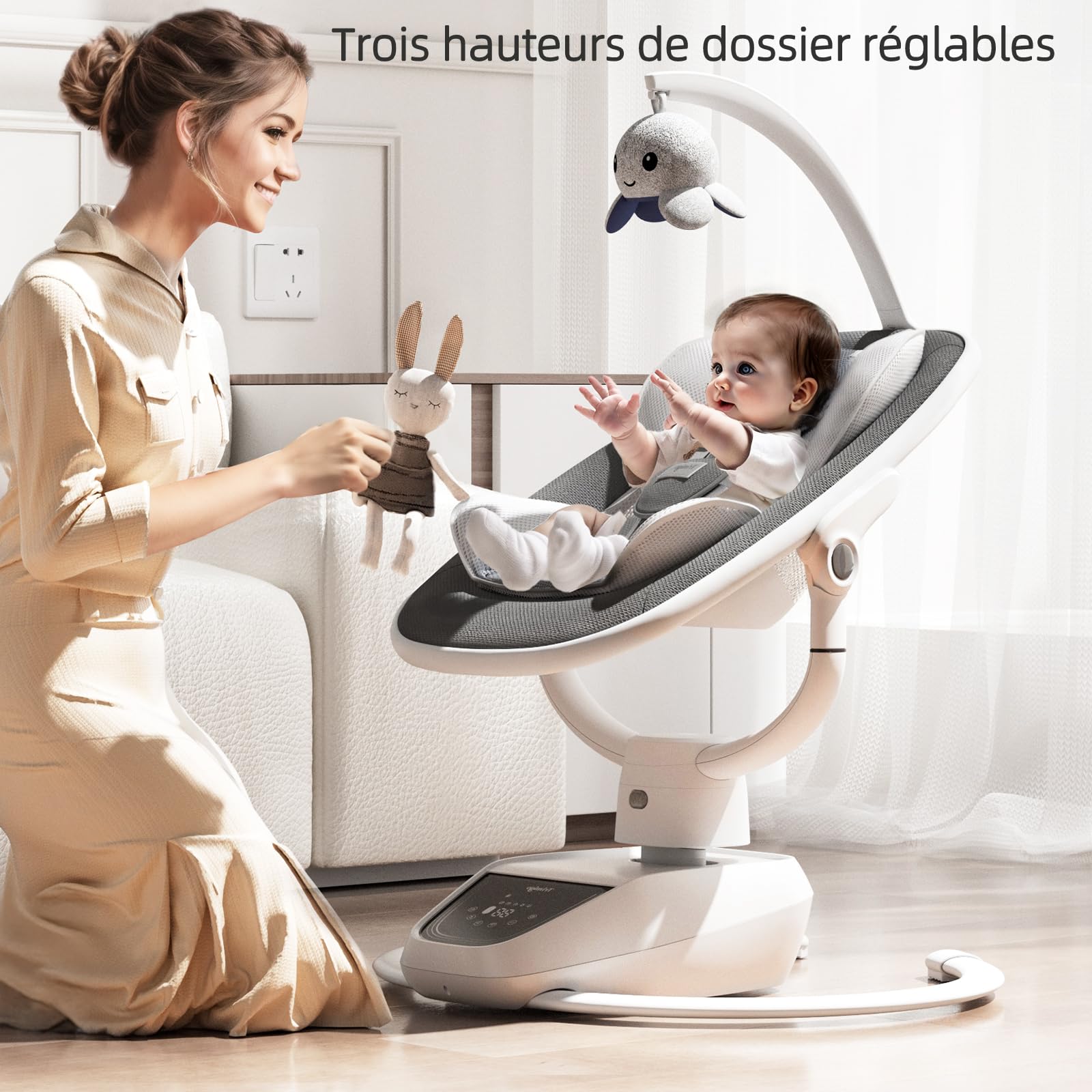 silla bebé eléctrica 180° ajustable 3D con mando a distancia, 5 modos, 4 velocidades, 3 alturas de asiento, 8 canciones de calma, columpio bebé 0-12 meses (color gris)