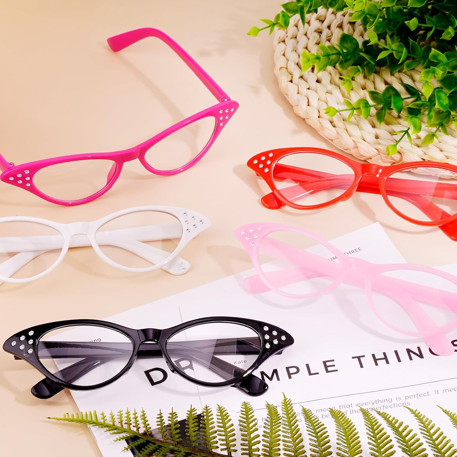 10PCS Cat Eye Glasses with Rhinestones 50s 60s Retro Old Lady Glasses Party Costume Glass for Cossplay Dress Up Party Favor