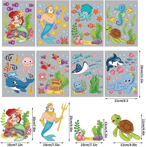 Miniatura 2 de 214 pegatinas para ventanas con temática oceánica, diseño de sirena, vida marina, peces, para decoración de baño