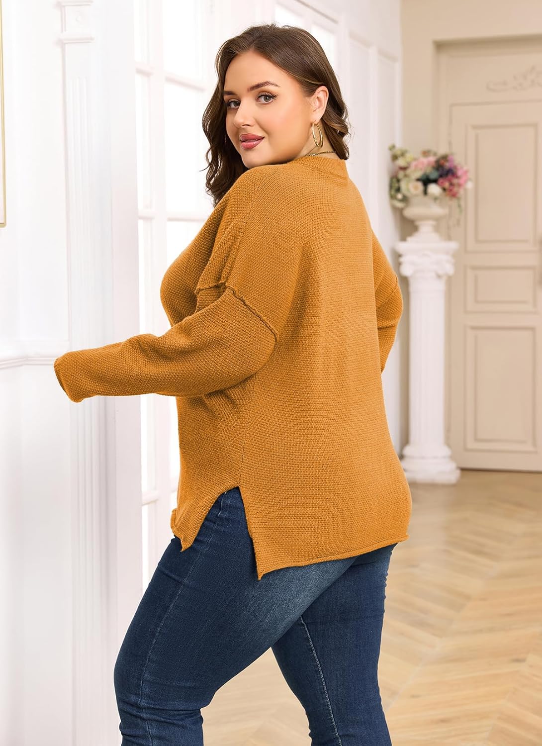 Womens Plus Size Sweaters Tops Long Sleeve V Neck Button Henley Tops Loose Casual Pullover Knit Shirts - Image 3