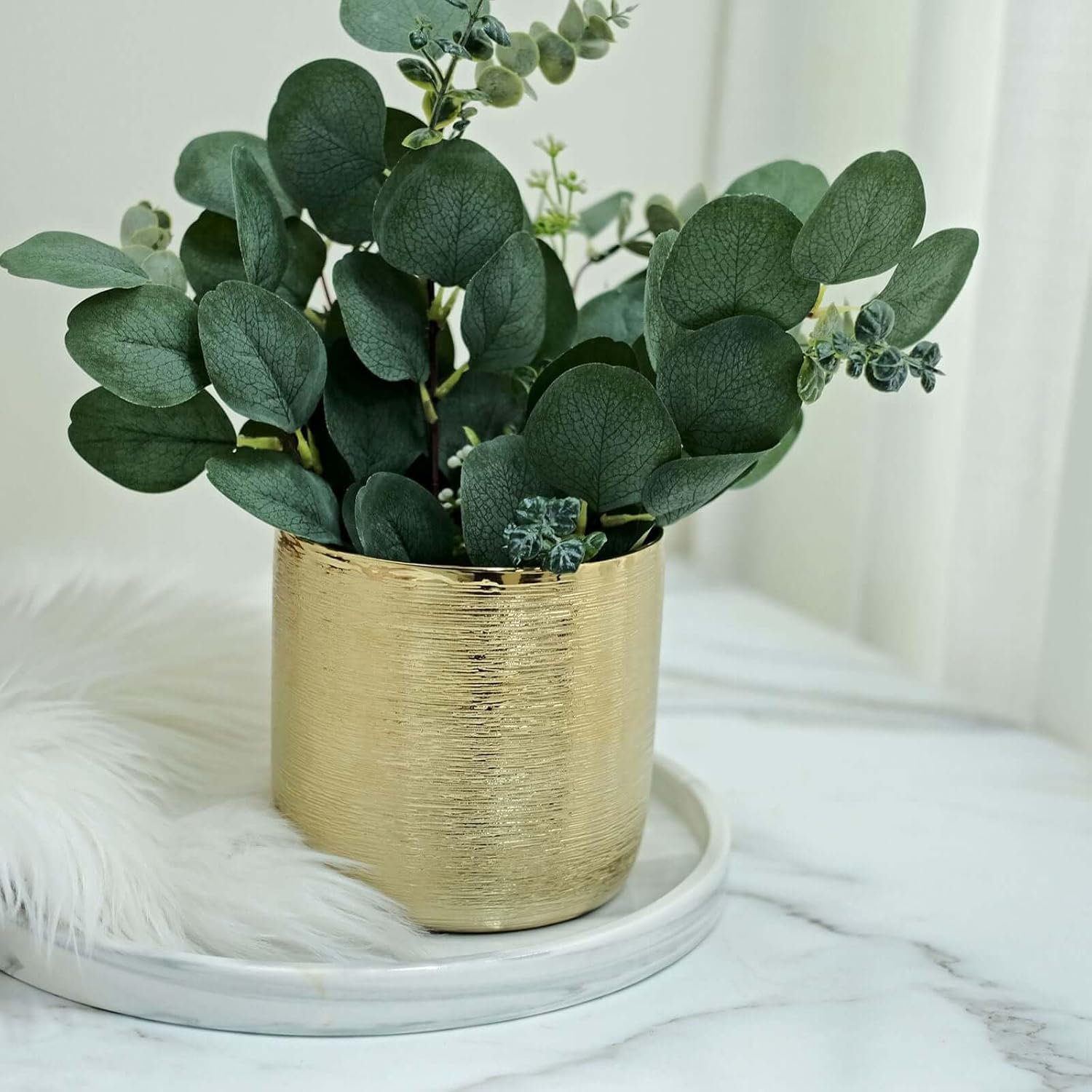Efavormart 2-Pack 5" Gold Ceramic Planter Pots, Round Textured Metallic Finish – Modern Brushed Indoor Flower Pot for Home, Office, and Desk Decor