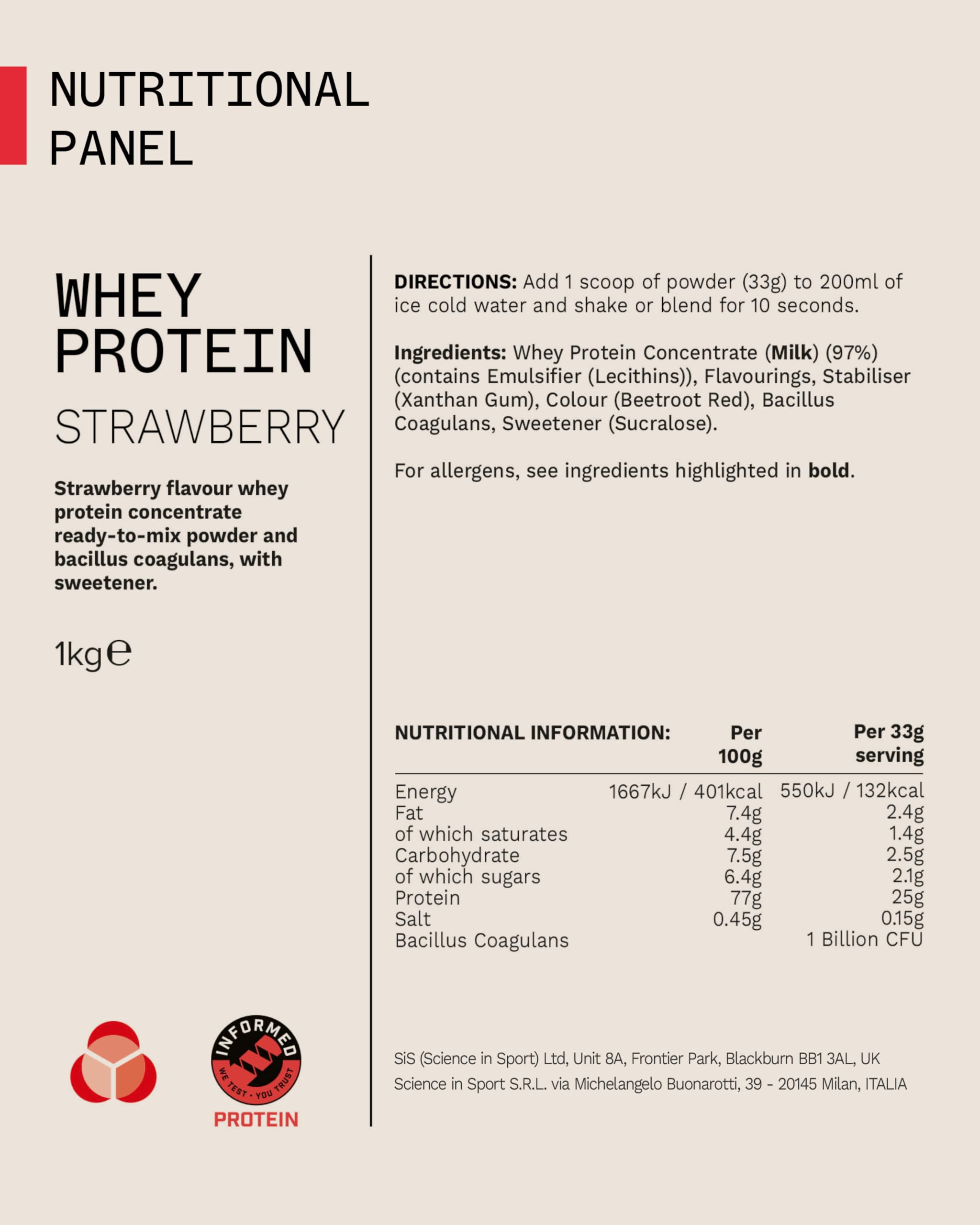 PhD Nutrition Poudre de Protéine de Lactosérum 1kg Fraise – avec 25g de Protéines Informed par Portion, Enrichi de Cultures Bien Tolérées