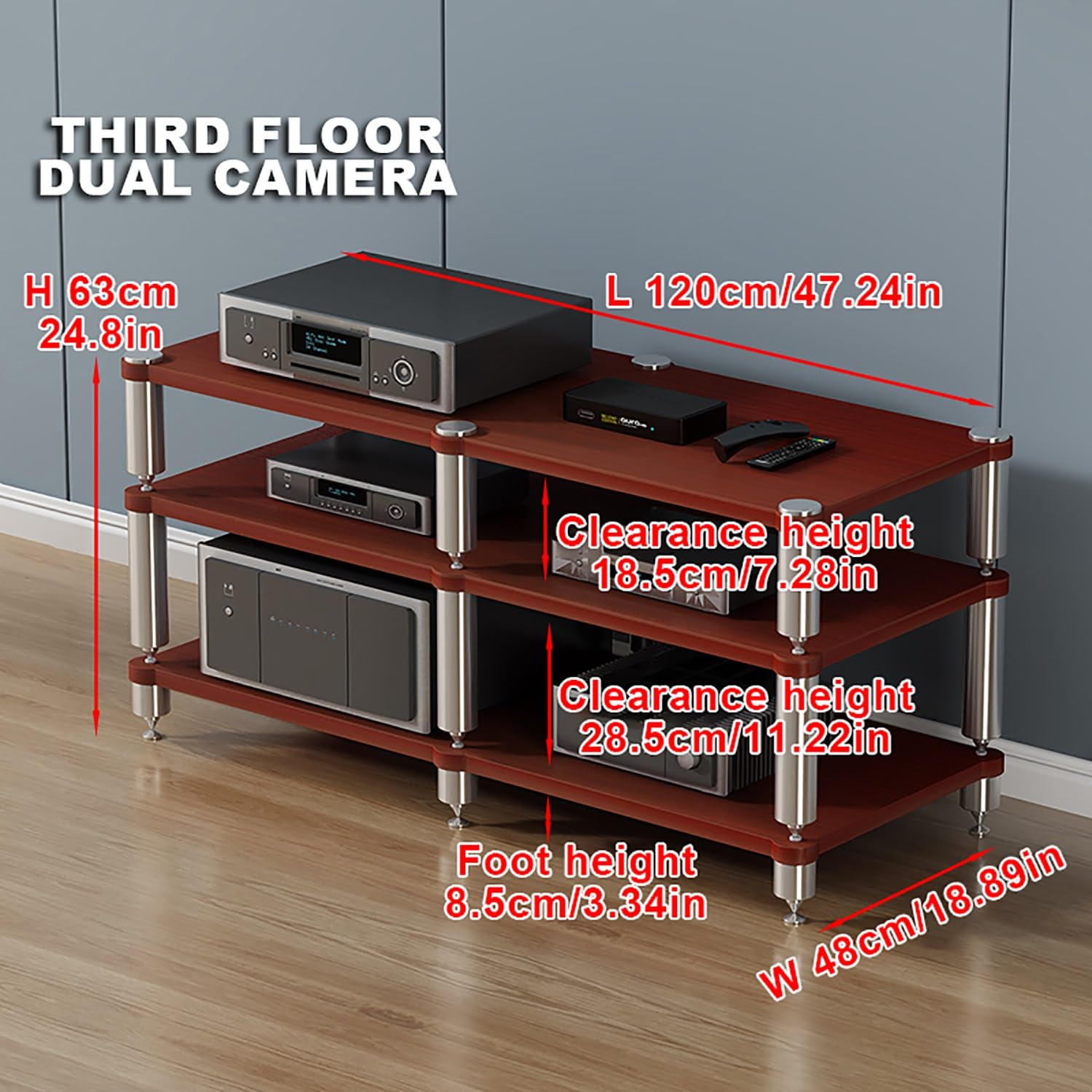 Mensola da gioco e supporto multimediale in noce, versatile torre rack audio per proiettori, lettori DVD, console di gioco e scatole per cavi, soluzione di archiviazione AV portatile (120 x 48 x 6