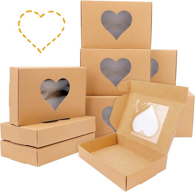 Qpout 12 Pack Love Heart Kraft Candy Boxes With Window, 7x4.7x1.3 inch Sweets Empty Packing Boxes, Valentine's Day Baby Shower Kids Birthday Wedding Party Cookie Cake Jewelry Small Presents Decoration