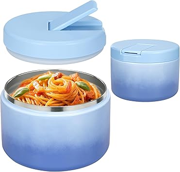 12oz Insulated Vacuum Food Jar with Buckle Lid Wide Mouth Soup Thermo for Hot Food Kids Leakproof Stainless Steel Lunch Container (Gradient Blue, 12OZ)