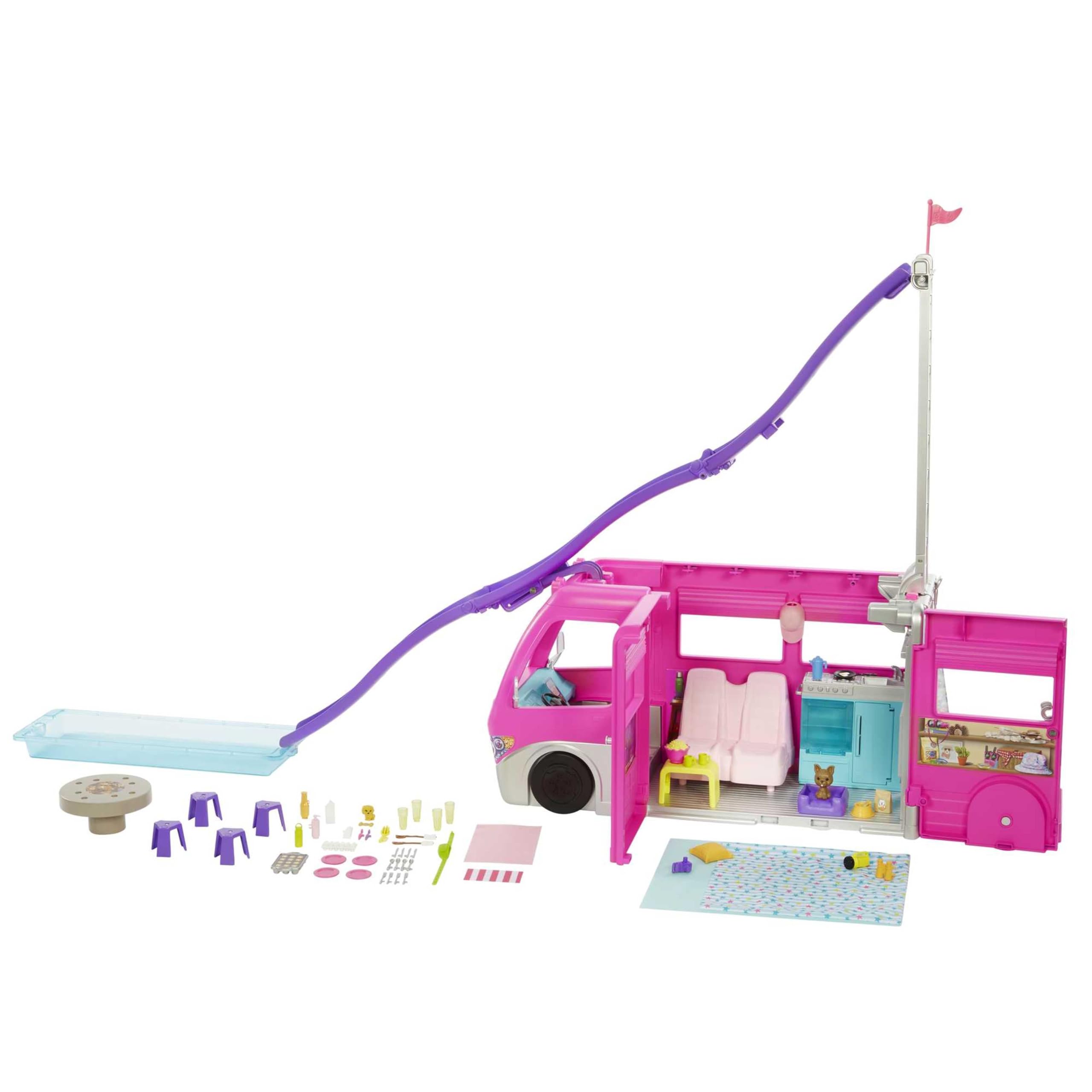 Barbie Camping-Car Transformable, avec 7 Zones de Jeu Et 60 Accessoires Inclus, Comprend Toboggan, Piscine, Pick-Up, Et Bateau pour Poupées, 76 cm, Jouet pour Enfant de 3 Ans et Plus, HCD46