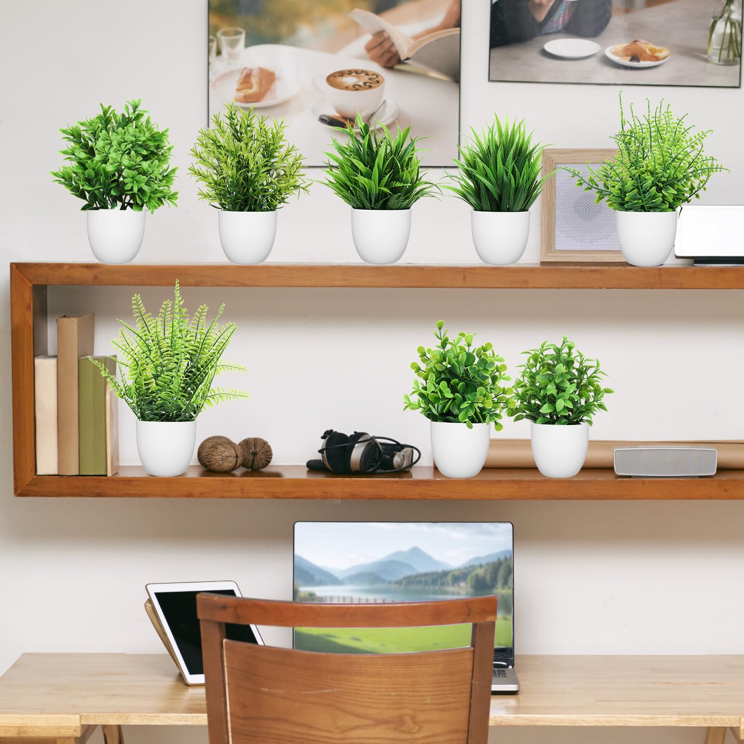 LELEE Artificial Plants Mini Fake Potted Plants, 8 pcs Small Eucalyptus Potted Faux Decorative Grass Plant with White Pot for Home Decor, Indoor, Office, Desk, Shelf, Table Decoration