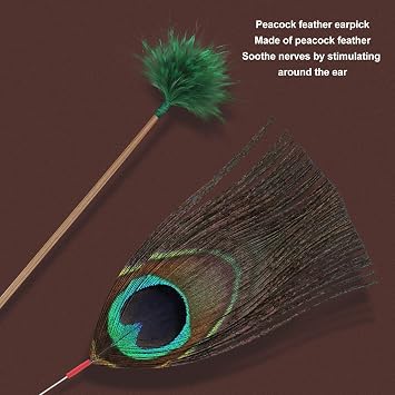 Ear Digging Spoon Ear Digging Goose Feather Stick Set Ear Pick, Ear Wax Remover Stick Earwax Remover Remover Tools, Professional Ear Remover Massage Set (8pcs a Set with Bamboo Handle)